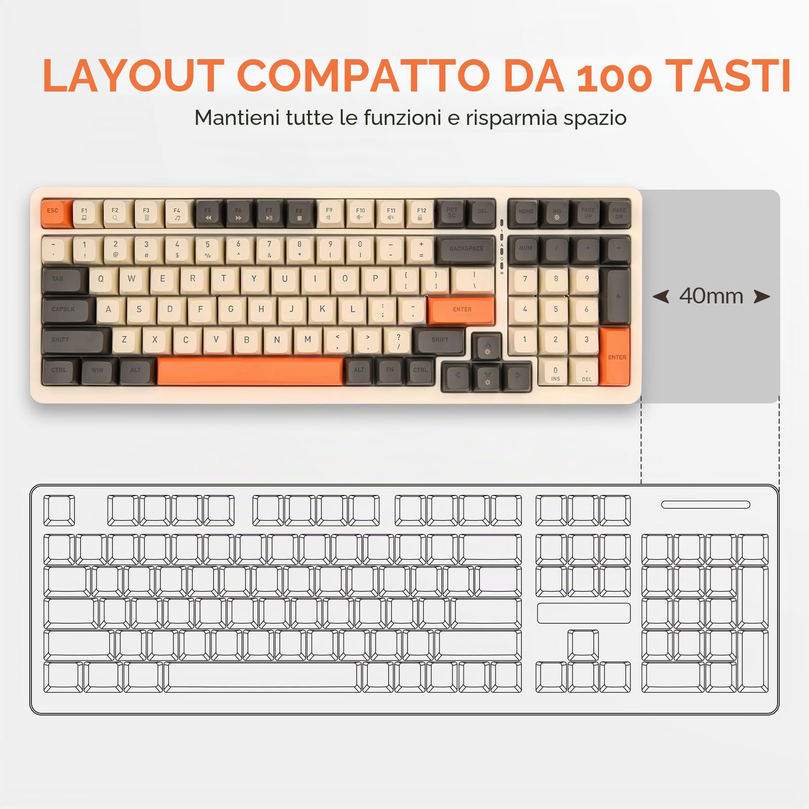 Rii Tastiera da gioco RK909 cablata Manchine, tastiera compatta per PC con blocco numerico, layout 96% 100 tasti con retroilluminazione, interruttore rosso per Mac/Windows/Chrome/Linux