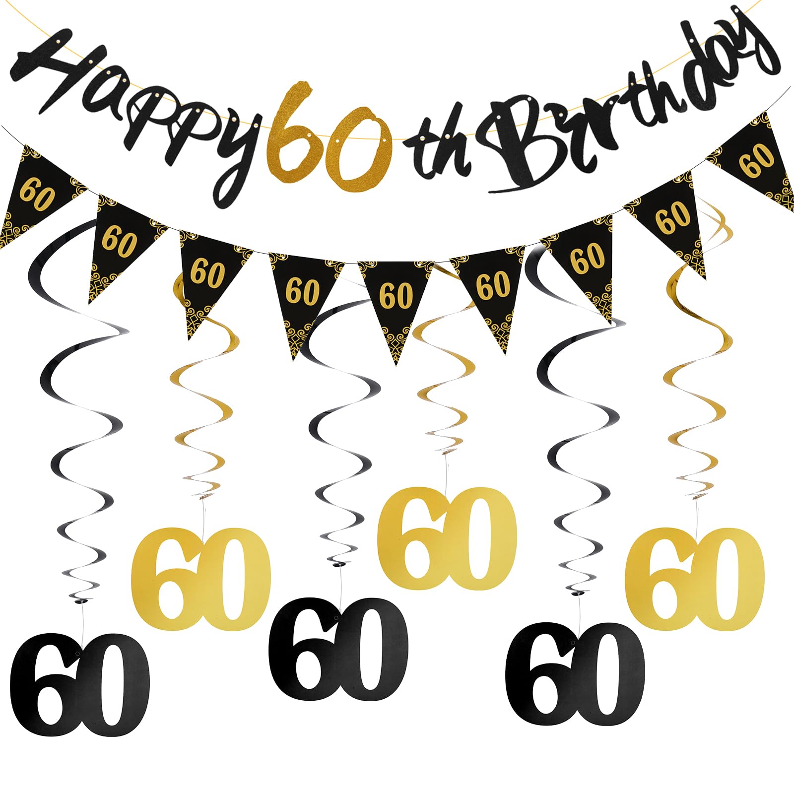 Happy 60th Birthday Banner, 60th Birthday Decoration Men Black and Gold Party Decorations with Hanging Swirls 60th Banner Bunting, Mens 60 Banners Sixty Anniversary Celebrate Supplies Festive Ornament