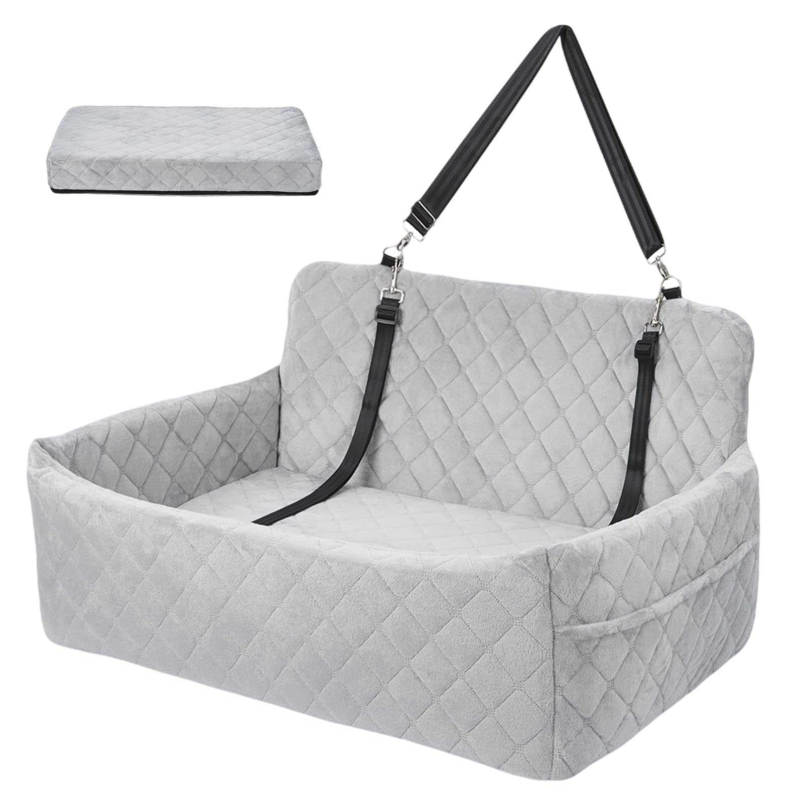 Aptliton Large Dog Car Booster Seat Up to 55lbs, Waterproof Pet Car Seat with Memory Foam, Non-Slip Bottom & Storage Pockets, Detachable Washable Dog Travel Bed for Car Back Seat Trunk Indoor, Grey