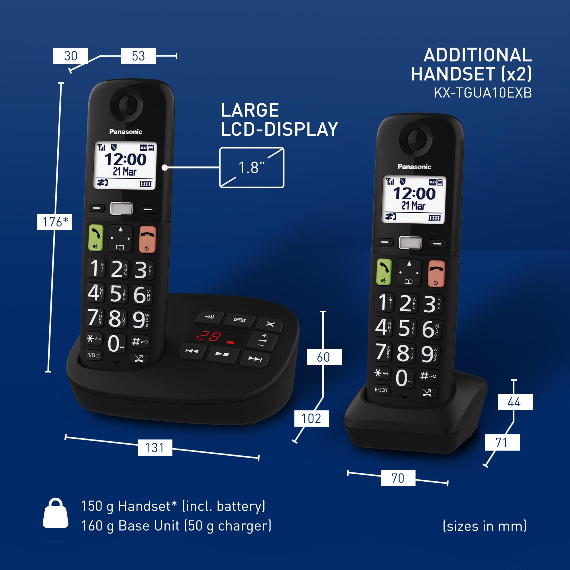 Panasonic KX-TGU133EXB Bezprzewodowy telefon cyfrowy z automatyczną sekretarką, jednostką podstawową i 3 słuchawkami, wyświetlaczem LCD, dużymi klawiszami, ulubionymi połączeniami, kompatybilny z