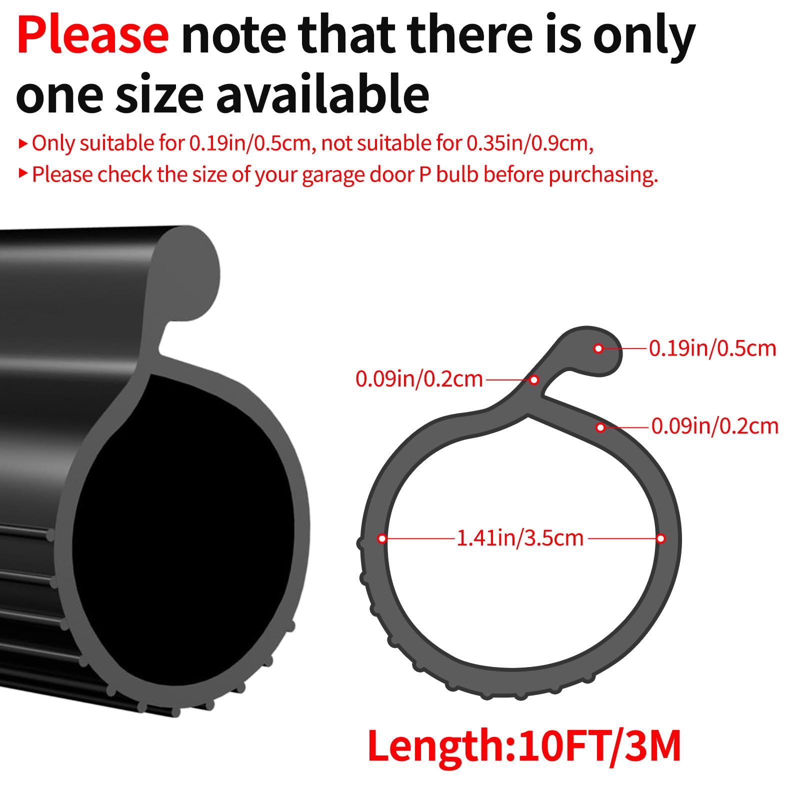 3m longueur, 0.5cm P Bulb Garage Door Seals Bottom EPDM Rubber Bottom Weather Garage Door Stripping Seal Replacement, Sceau pour porte de garage à canal unique, Noir