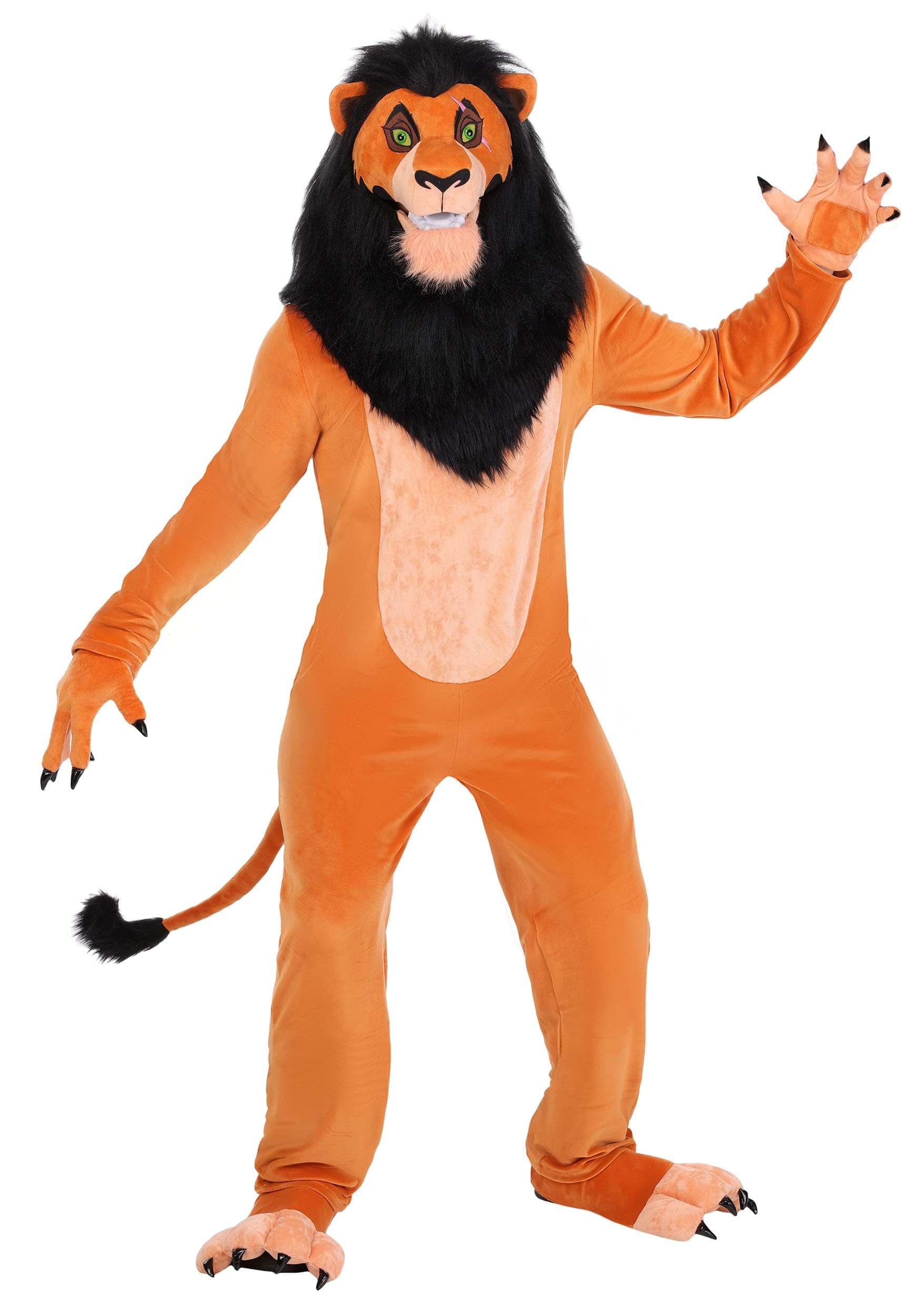 Adult Disney Scar Costume | Lion King Jumpsuit with Moving Mouth Mask, Gloves with Faux Leather Claws and Tail X-Large