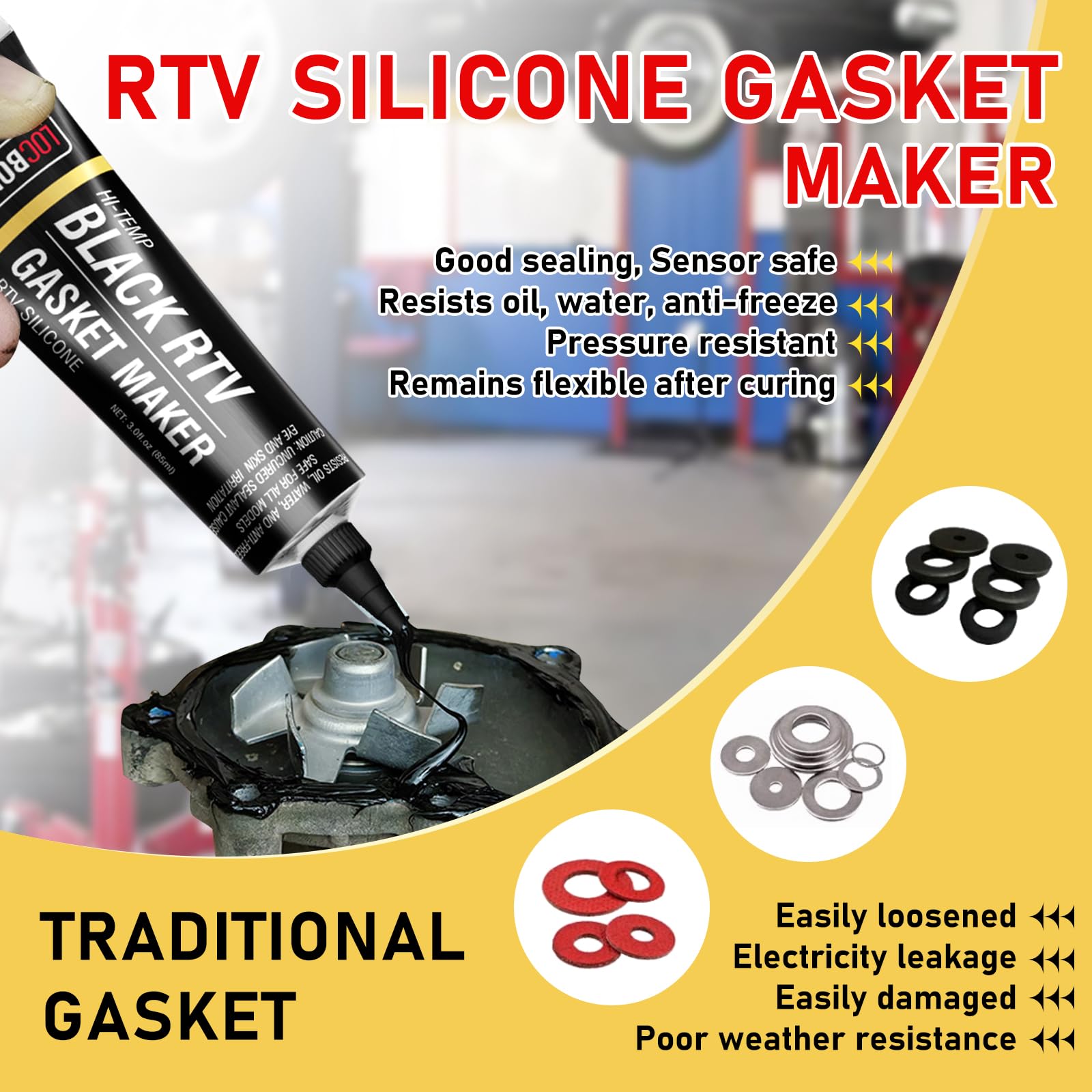 LOCBONDSO Black RTV Silicone Sealant, Silicone Gasket Maker, High Temp Up to 600F, Sensor Safe, Oil Resistance Flexible for Automotive, Engine, Gearboxes, 3 oz