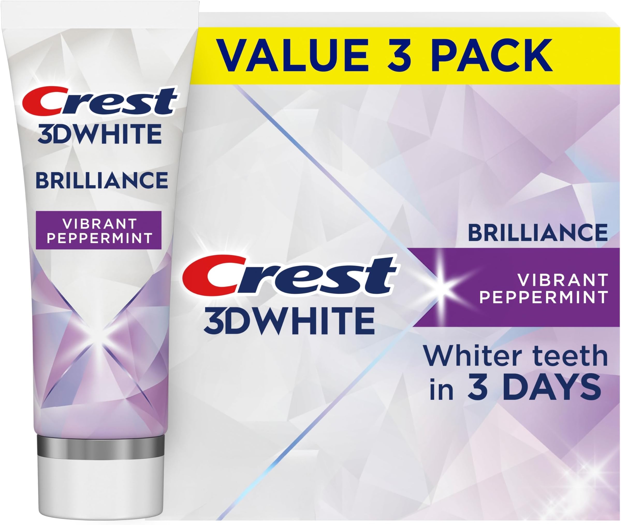 3D White Brilliance Vibrant Peppermint Teeth Whitening Toothpaste, 4.6 oz Pack of 3, Anticavity Fluoride Toothpaste, 100% More Surface Stain Removal, 24 Hour Active Stain Prevention
