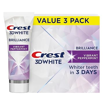 Crest 3D White Brilliance Vibrant Peppermint Teeth Whitening Toothpaste, 4.6 oz Pack of 3, Anticavity Fluoride Toothpaste, 100% More Surface Stain Removal, 24 Hour Active Stain Prevention