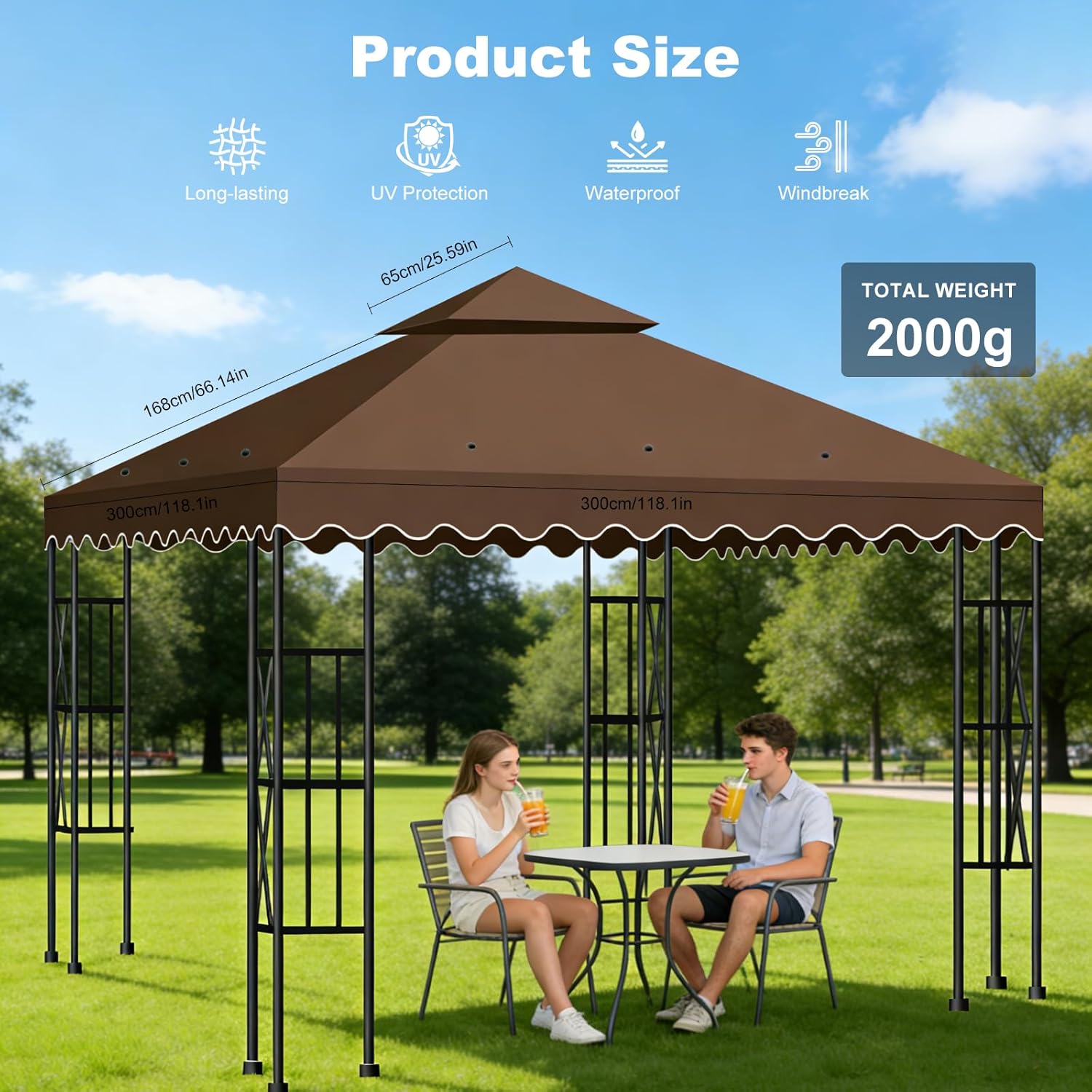 10'X10' Gazebo Canopy Top Replacement Double Tier Canopy Replacement Top Cover with Air Vent Grill Top Roof for Outdoor Shop Garden Yard Pavilion Cover Sunshade Brown
