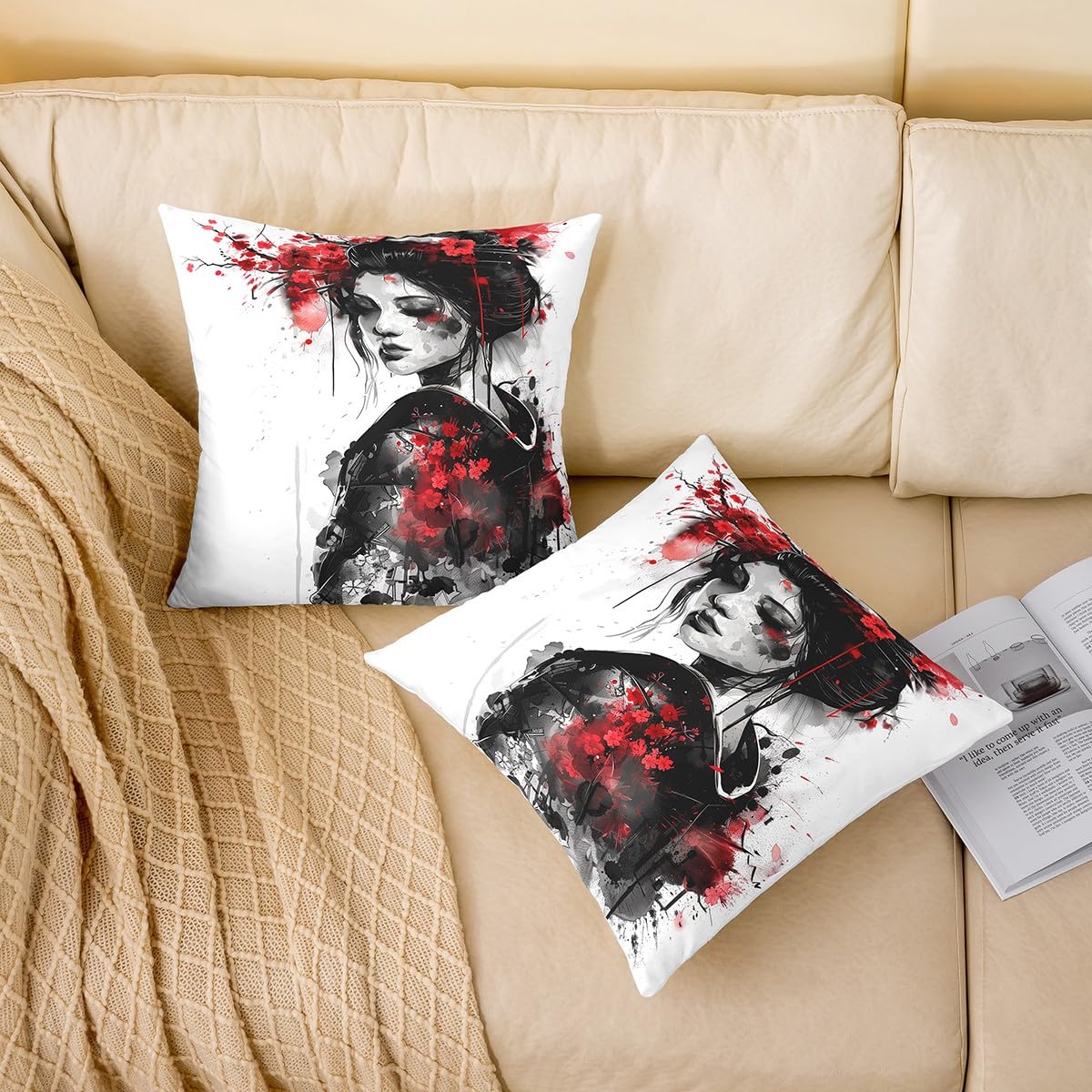 Lot de 4 Japonais Housse de Coussin Rouge Soleil Noir Et Blanc Paysage Mont Fuji Lin De Coussincarré Taie d'oreiller Été Decoration Taverne 45x45cm | Leroy Merlin