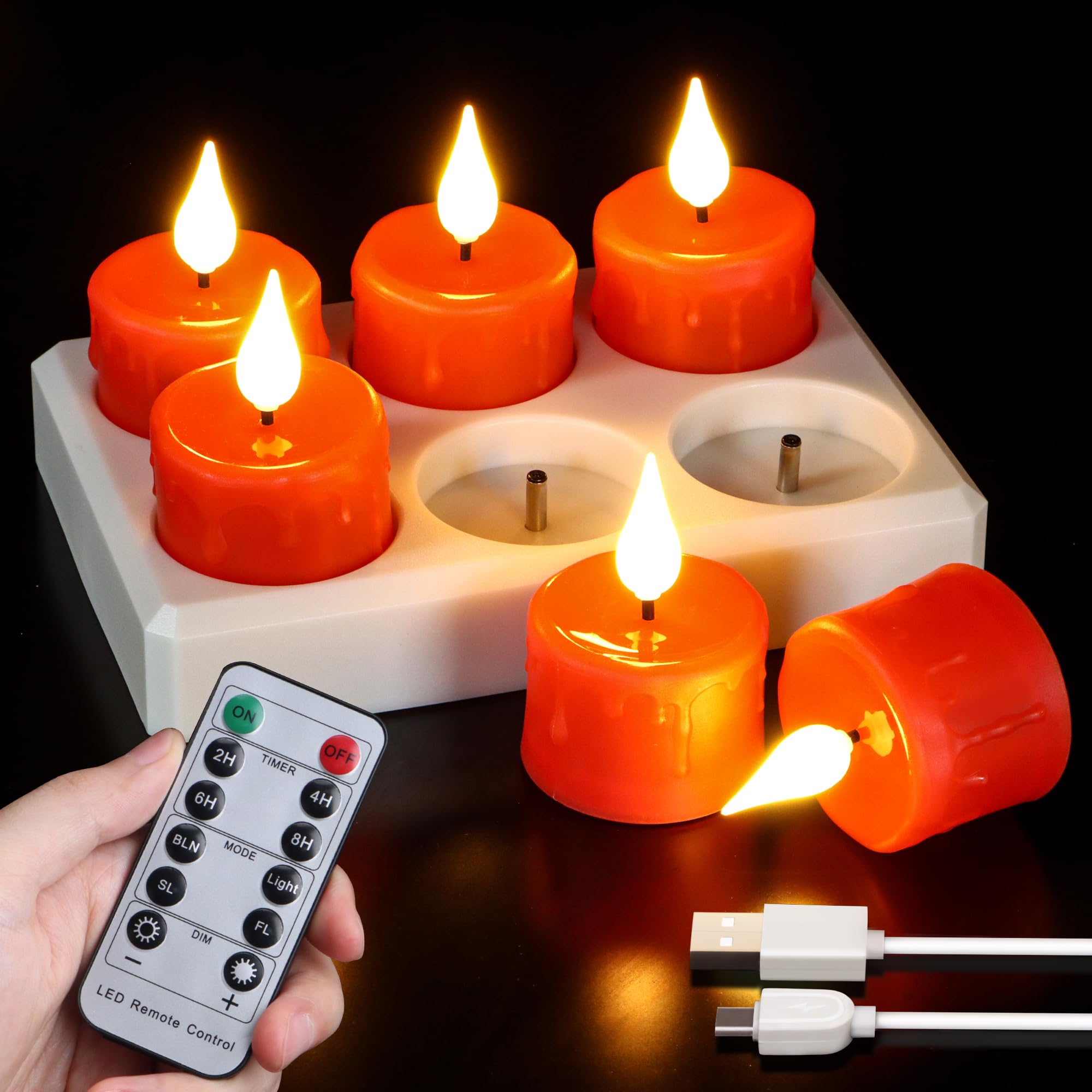 Velas de té recargables sin llama con base de carga y cable USB, control remoto y temporizador, luz blanca cálida parpadeante realista, paquete de 6 velas LED rojas