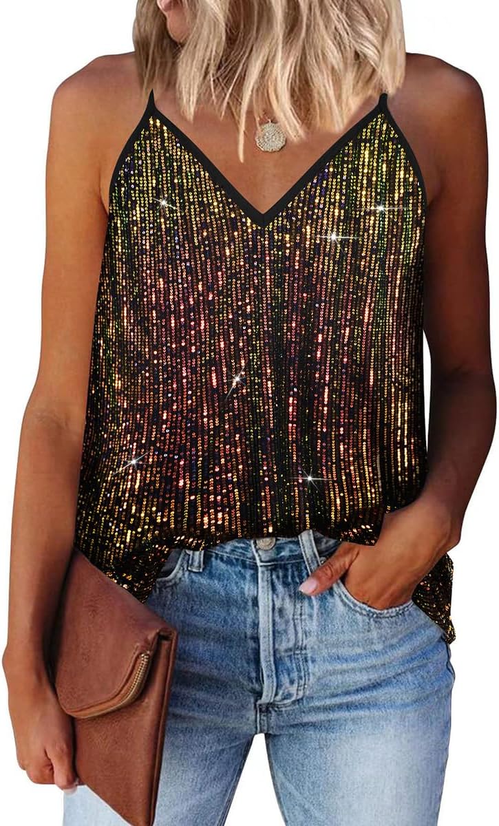 RITERA Plus Size Sequin Tank for Women V Neck Shimmer Sleeveless Tops Glitter Party Spaghetti Sparkle Camisole XL-5XL