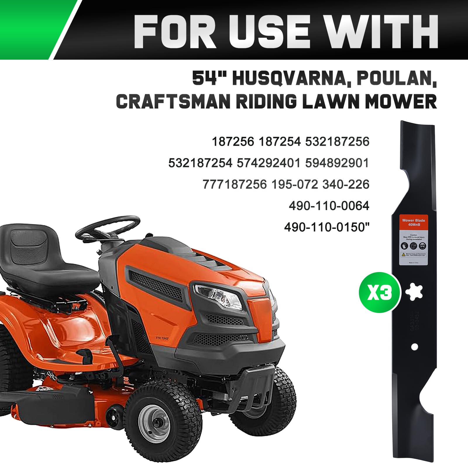 Grasscool Z254F - Cuchillas de elevación Alta de 54 Pulgadas para Hus qvarna 187256 532187256 532187254 Z254 MZ54 RZ5424 RZ5426 YTH26V54 YTH2454 LTH24V54 GT2654 Cortacésped LGT2554 de 54 Pulgadas