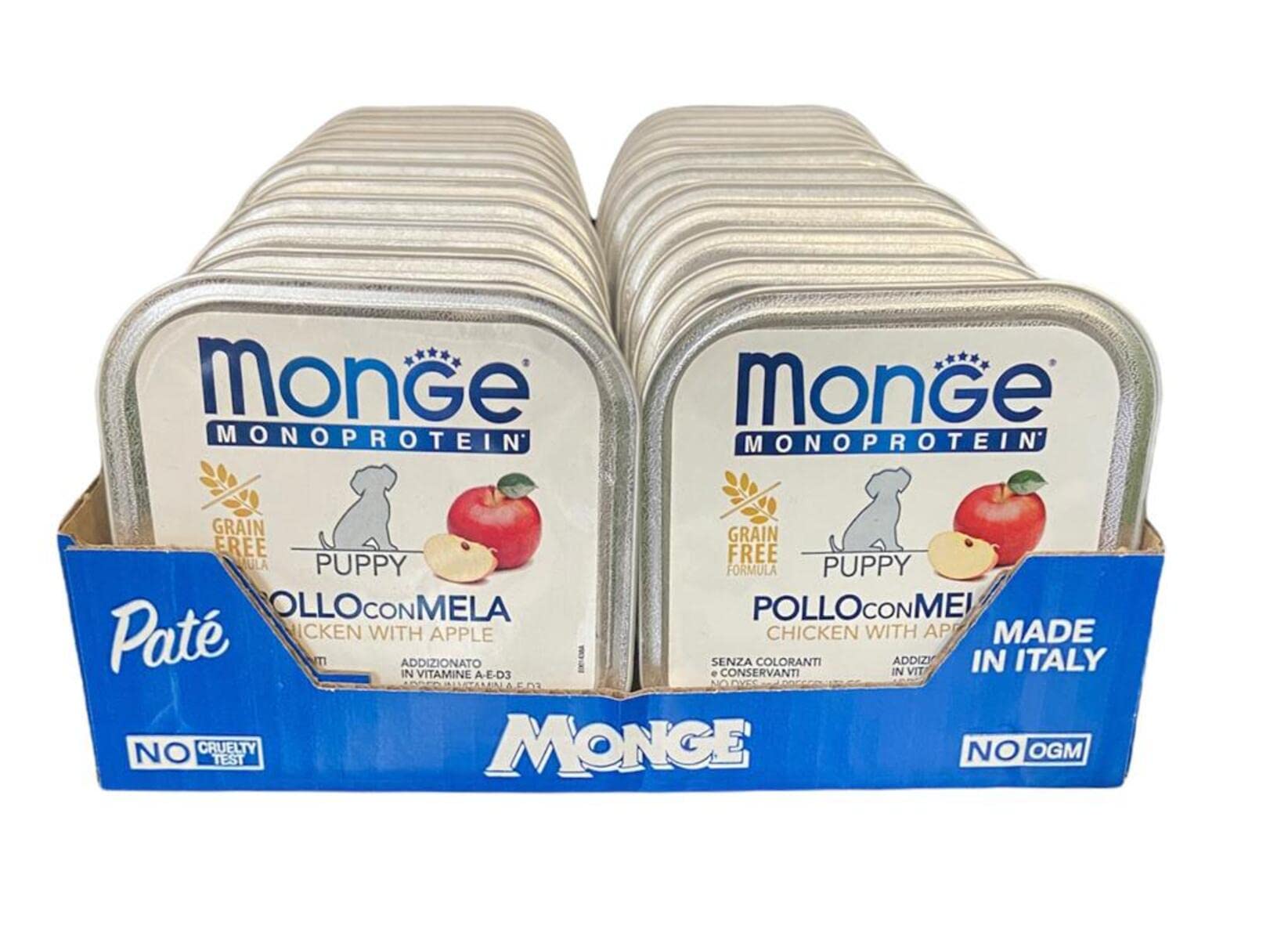 Monge Monoprotein Puppy Cibo umido per Cane Pollo con mela, senza coloranti, conservanti e zuccheri aggiunti. Confezione da 24 vaschette (1 = 150gr.)