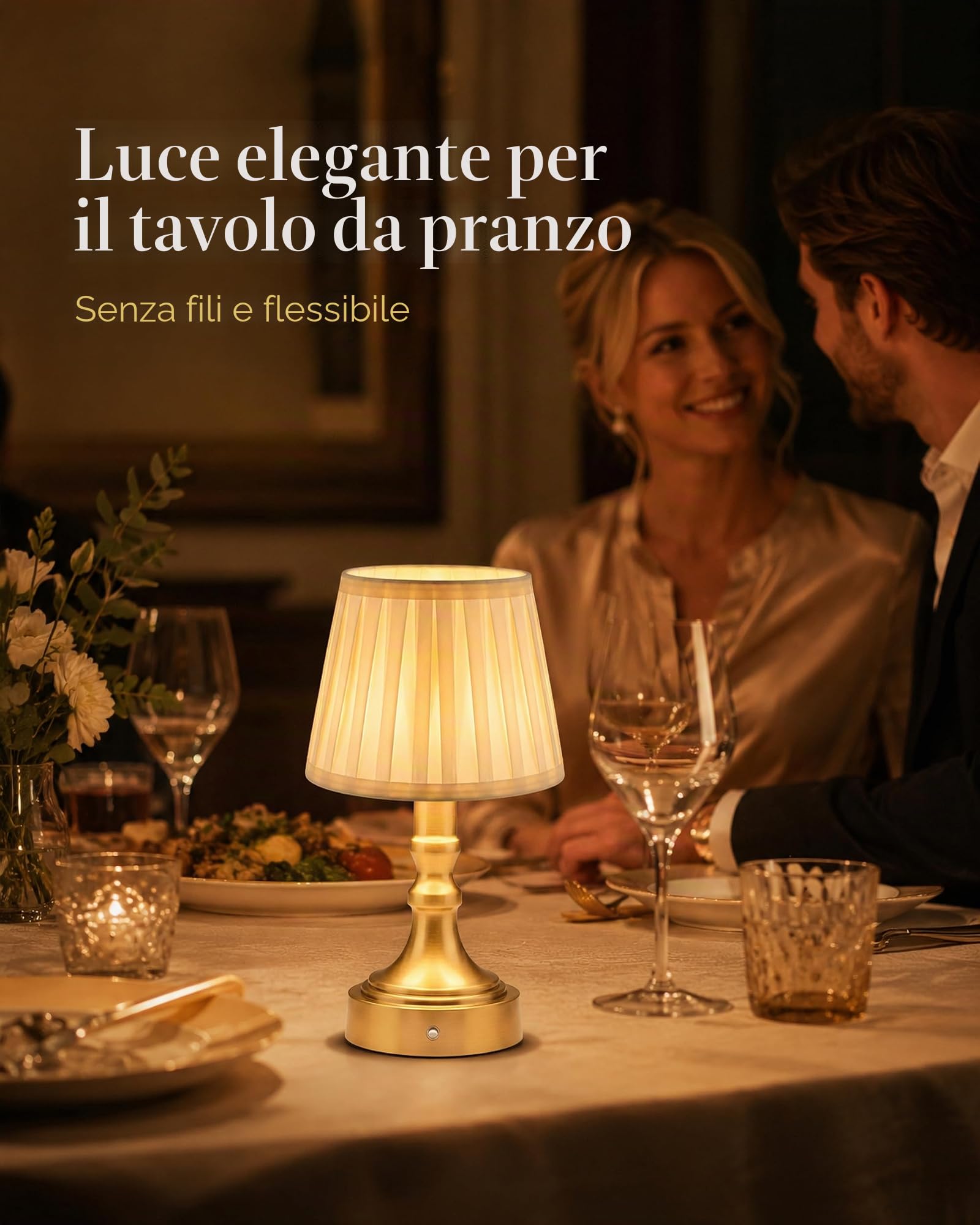 ACMHNC Lampada Tavolo Ricaricabile Dorata, Dimmerabile Touch, 2700K | Lampada da Comodino Senza Fili 4000 mAh, Paralume in Tessuto, Retrò per Camera, Soggiorno, Terrazza, Ristorante