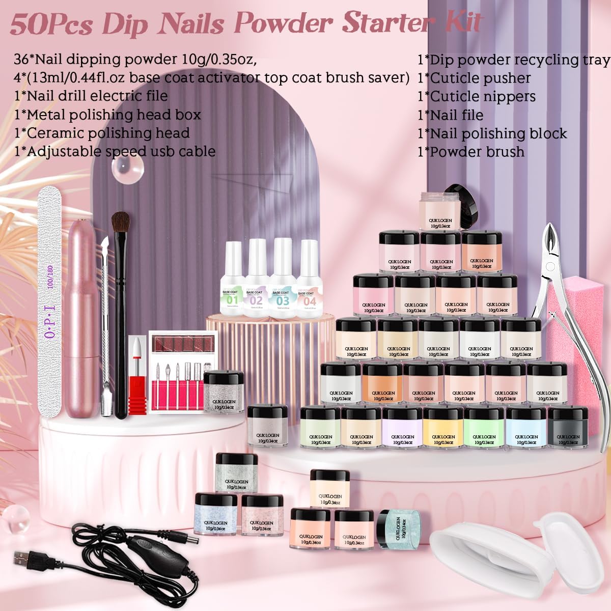 50PCS Kit De Polvo De InmersióN De UñAs 36 Colores kit de Iniciación en Polvo para uñas con Capa Base,Capa Top,Cepillo para Polvo,Lima de uñas,Manicura de Salón de Bricolaje en Casa