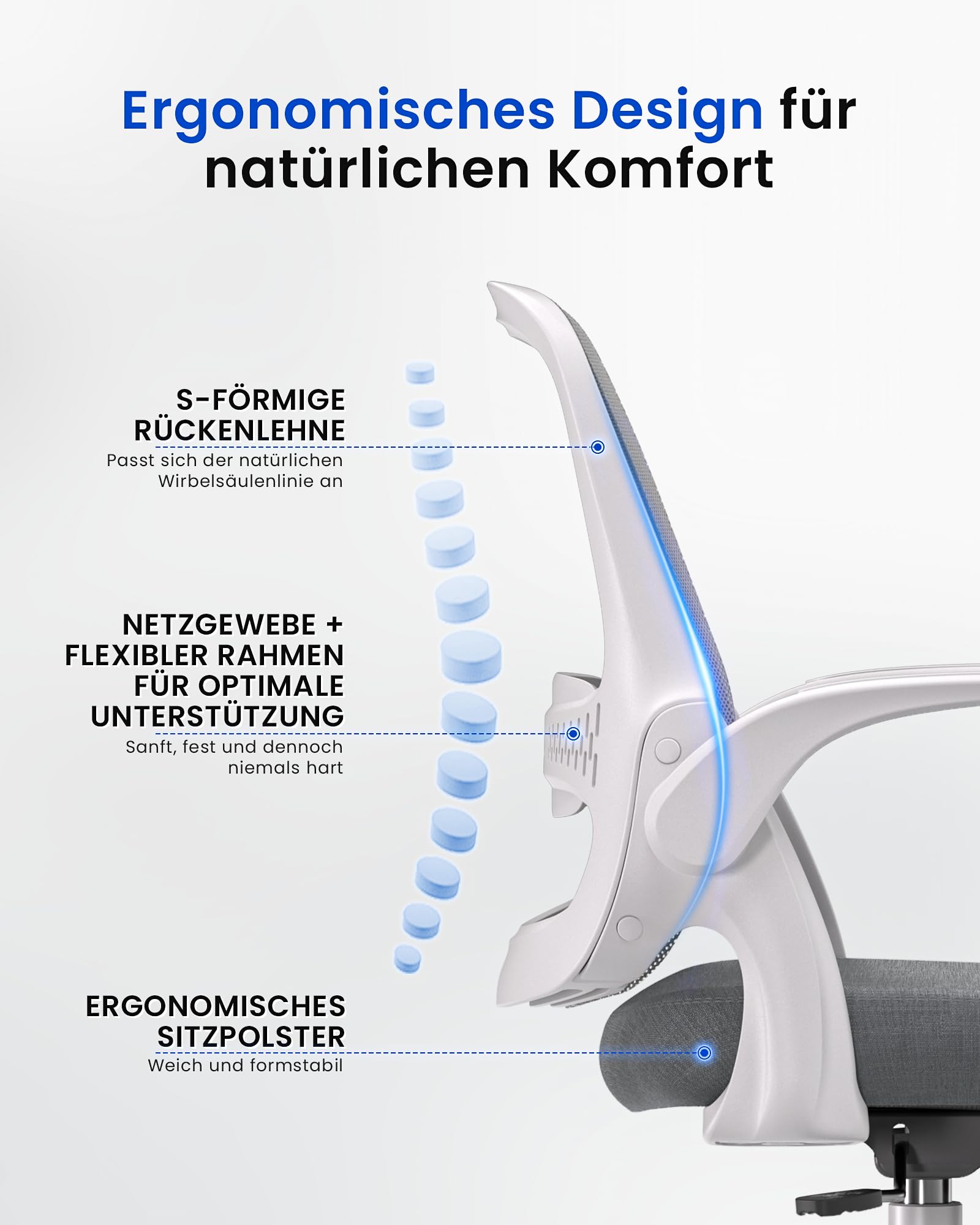 LukkDys Bürostuhl Ergonomisch, Schreibtischstuhl mit klappbaren Armlehnen, Mesh Computerstuhl höhenverstellbar, Drehstuhl für Home Office, Kinder & Studenten, Büro Sessel, Grau