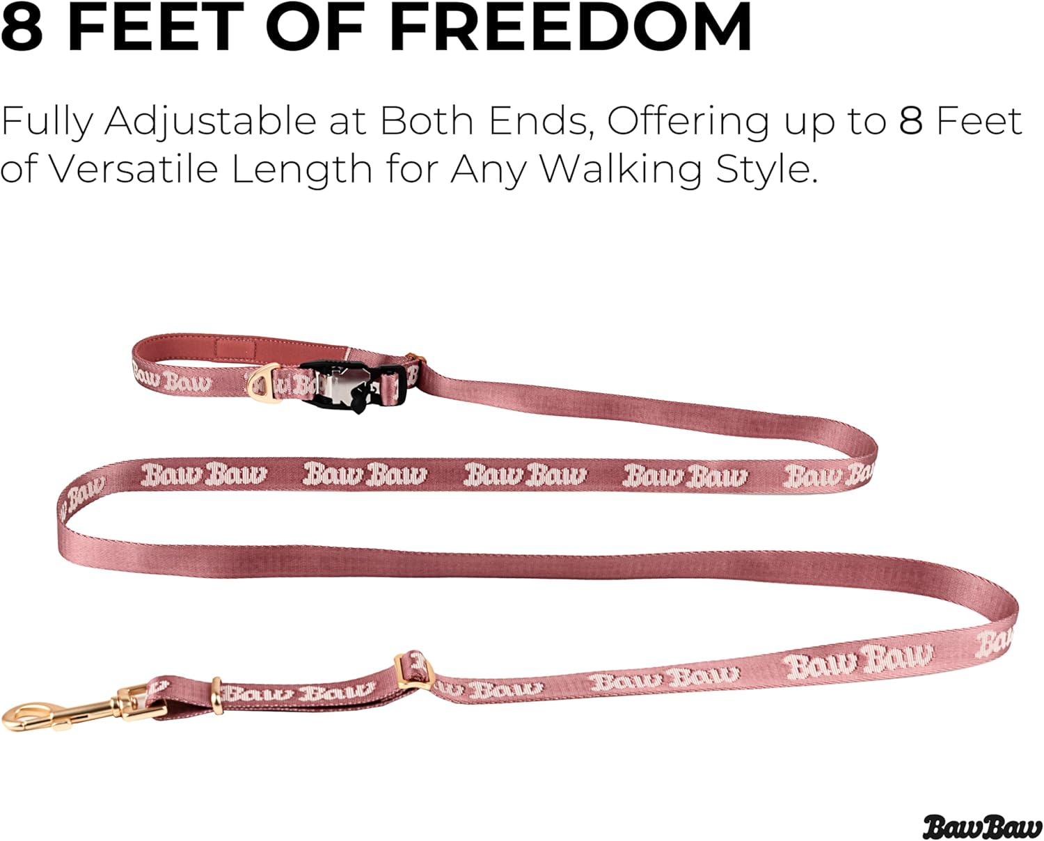 BawBaw Dog Leash – 8ft Adjustable Hands-Free, German Fidlock Magnetic Buckle, 3-Way Use (Hand-Held, Crossbody, Waist), V-Ring for Accessories, Walking & Running (Ash Rose)