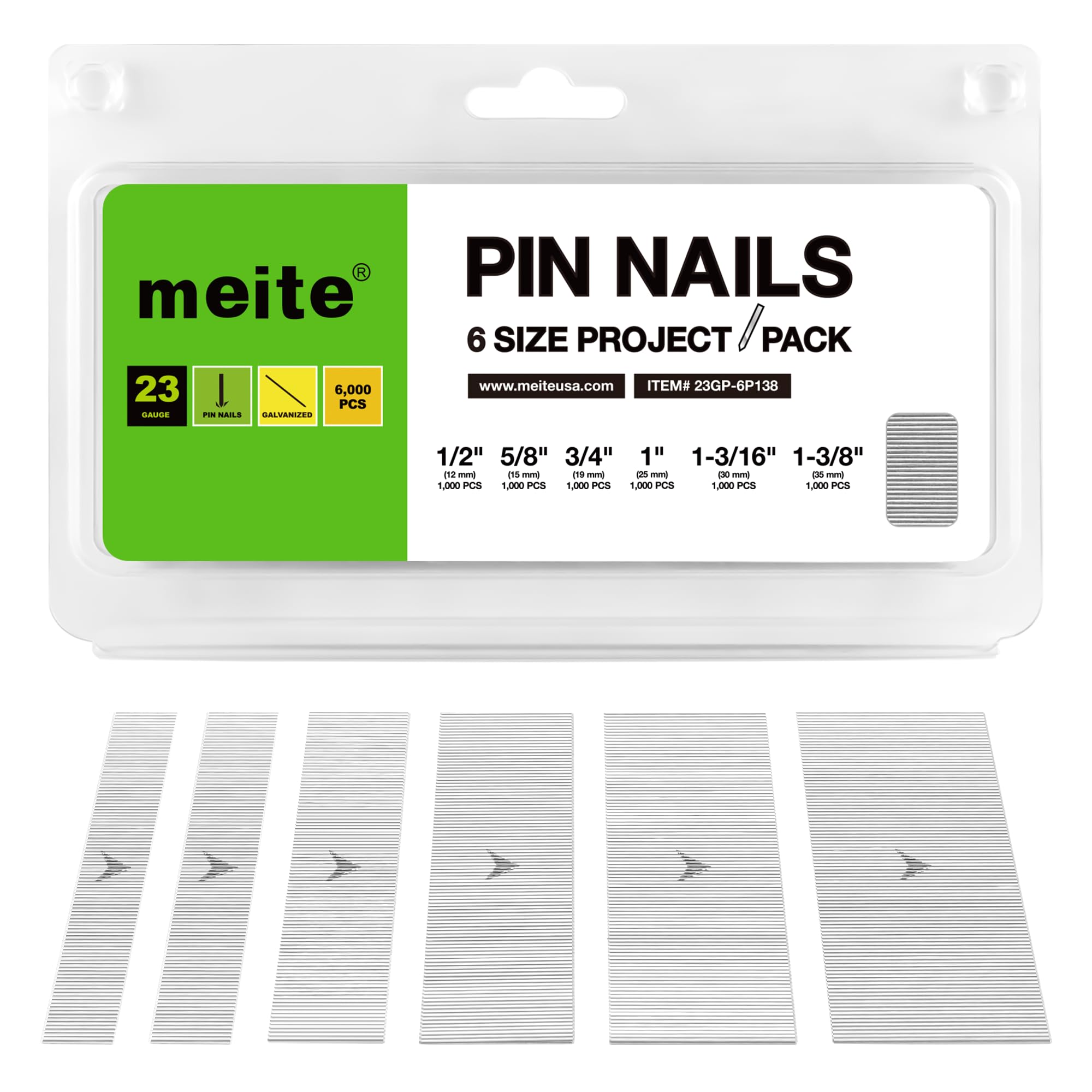 meite 23 Gauge Pin Nails, Assorted 6 Sizes (12mm, 15mm, 19mm, 25mm, 30mm and 35mm) Micro Headless Piner Nails - Galvanized 23GA Pins Nails for Nail Gun, Ideal for Trim Work (6,000 Counts)