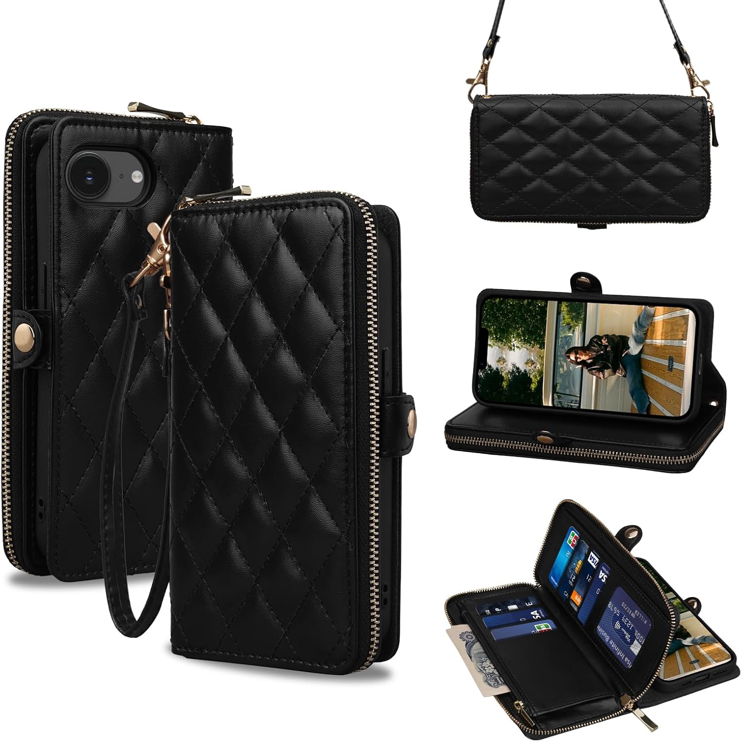 Rssviss Crossbody Case for iPhone 16e 2025 Case Wallet, RFID Blocking Leather Case with Card Holder Kickstand, Handbag Zipper Flip Cover with Wrist Strap for iPhone 16e Men Women 6.1", Black