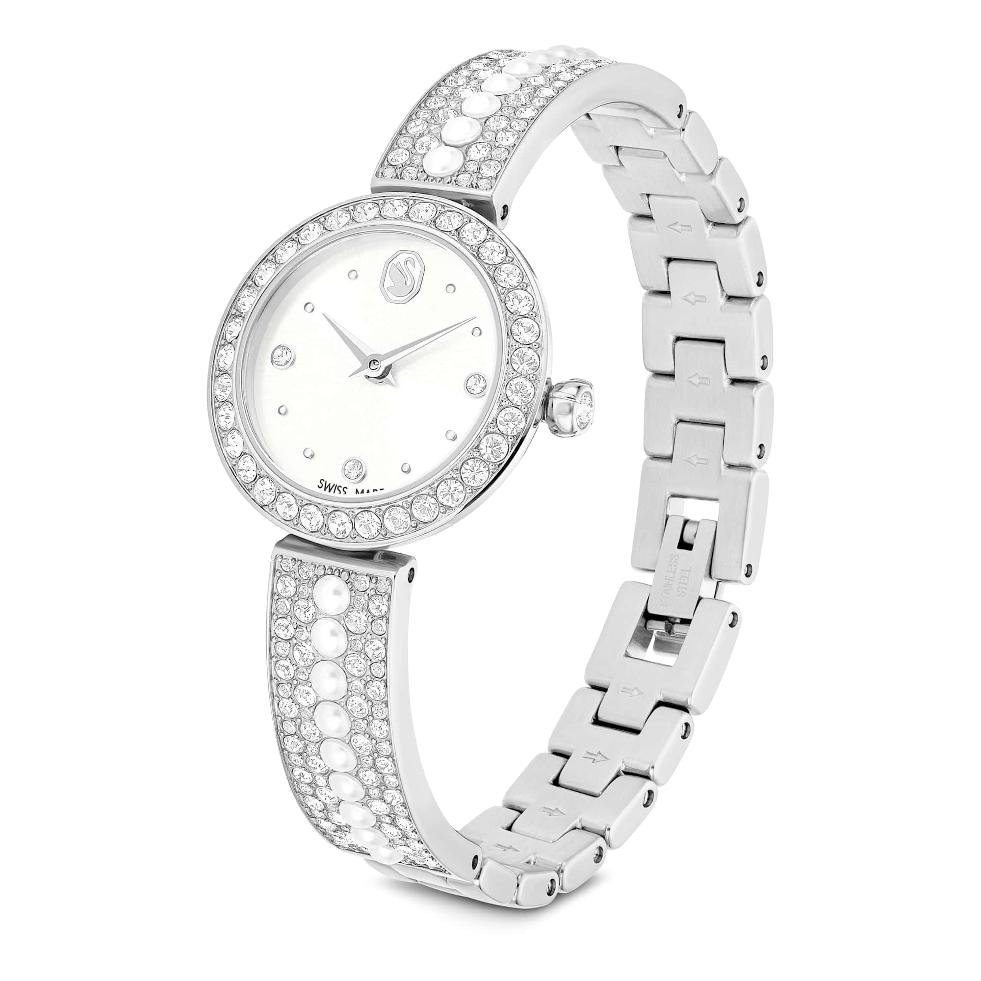 Swarovski Reloj Matrix Pearl Bangle, Fabricado en Suiza, Pulsera de Cristal, Blanco, Acero Inoxidable