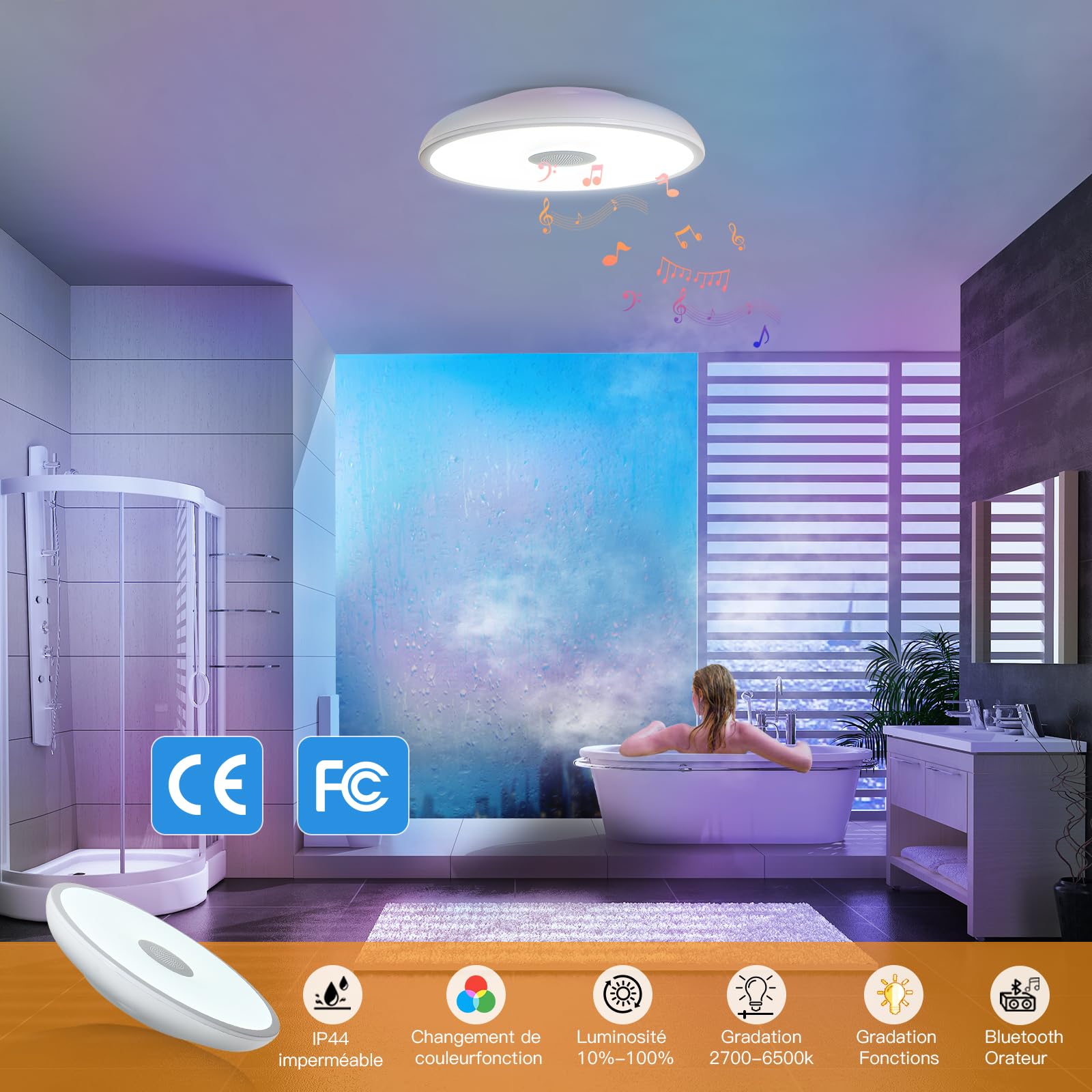Plafoniera LED impermeabile, lampada musicale con altoparlante Bluetooth,con funzione di dimming, funzione di cambiamento di colore RGB, per bagno, camera da letto