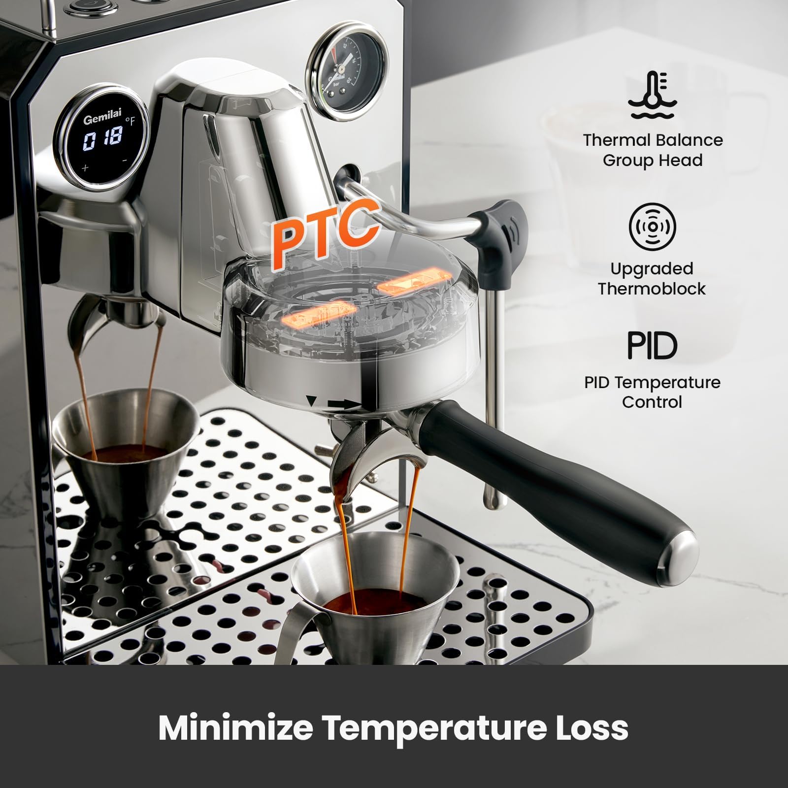 Owl Espresso Machine, 15 Bar Professional Semi-Automatic Espresso Maker with Milk Frother Steam Wand & 57oz Removable Water Tank, Dual Display, for Cappuccino, Latte, G3006, Stainless Steel