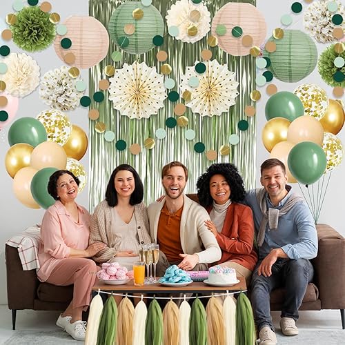 Miniatura 5 de Decoraciones de fiesta de oro verde salvia, kit de 45 globos de papel, pompones de papel, guirnalda de flecos para boda, despedida de soltera, baby