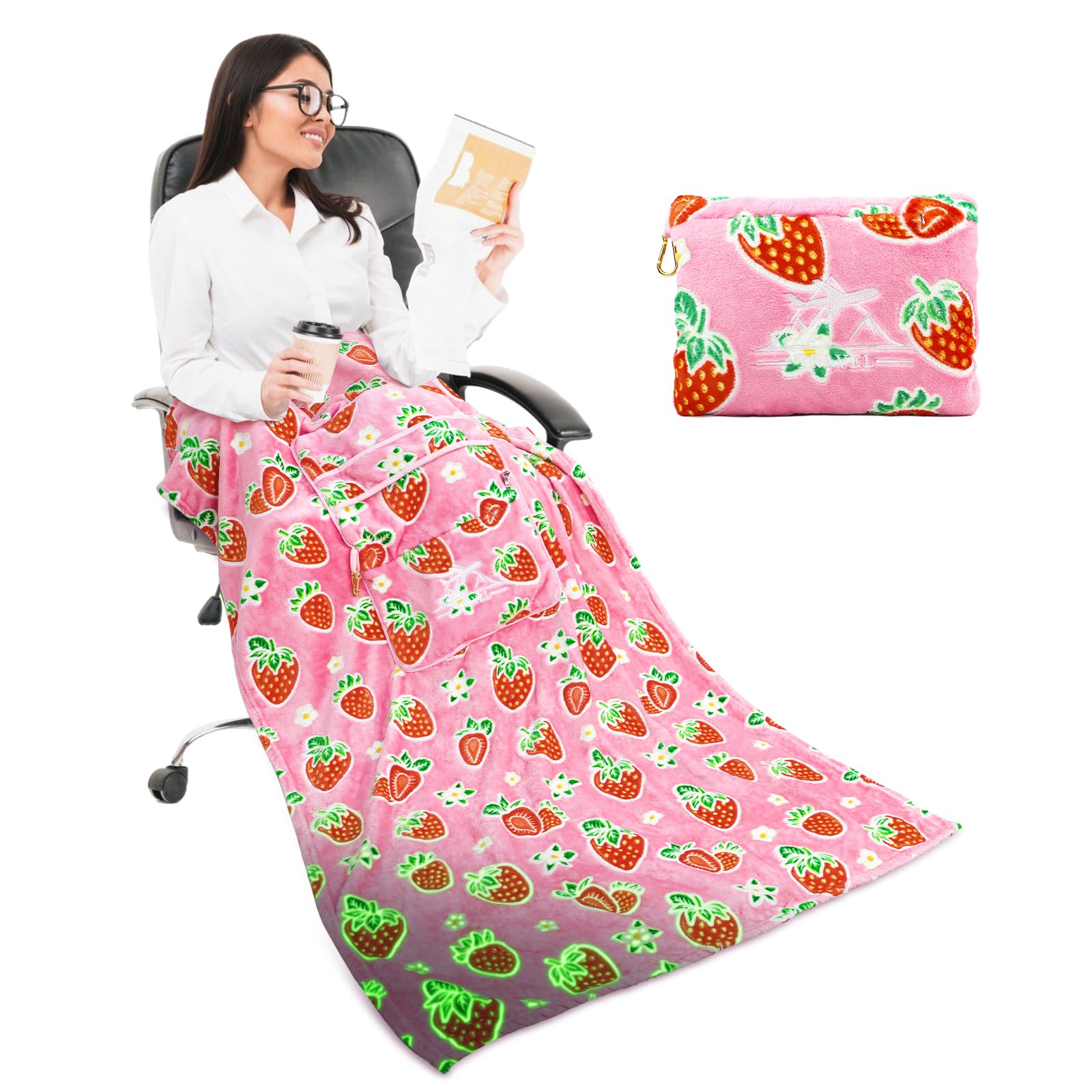 Juego de manta y almohada de fresa – Manta de viaje para niños que brilla en la oscuridad, compacta y suave, mullida, manta de vellón de frutas rosas para automóvil, avión, viajes, bonitos regalos de 8