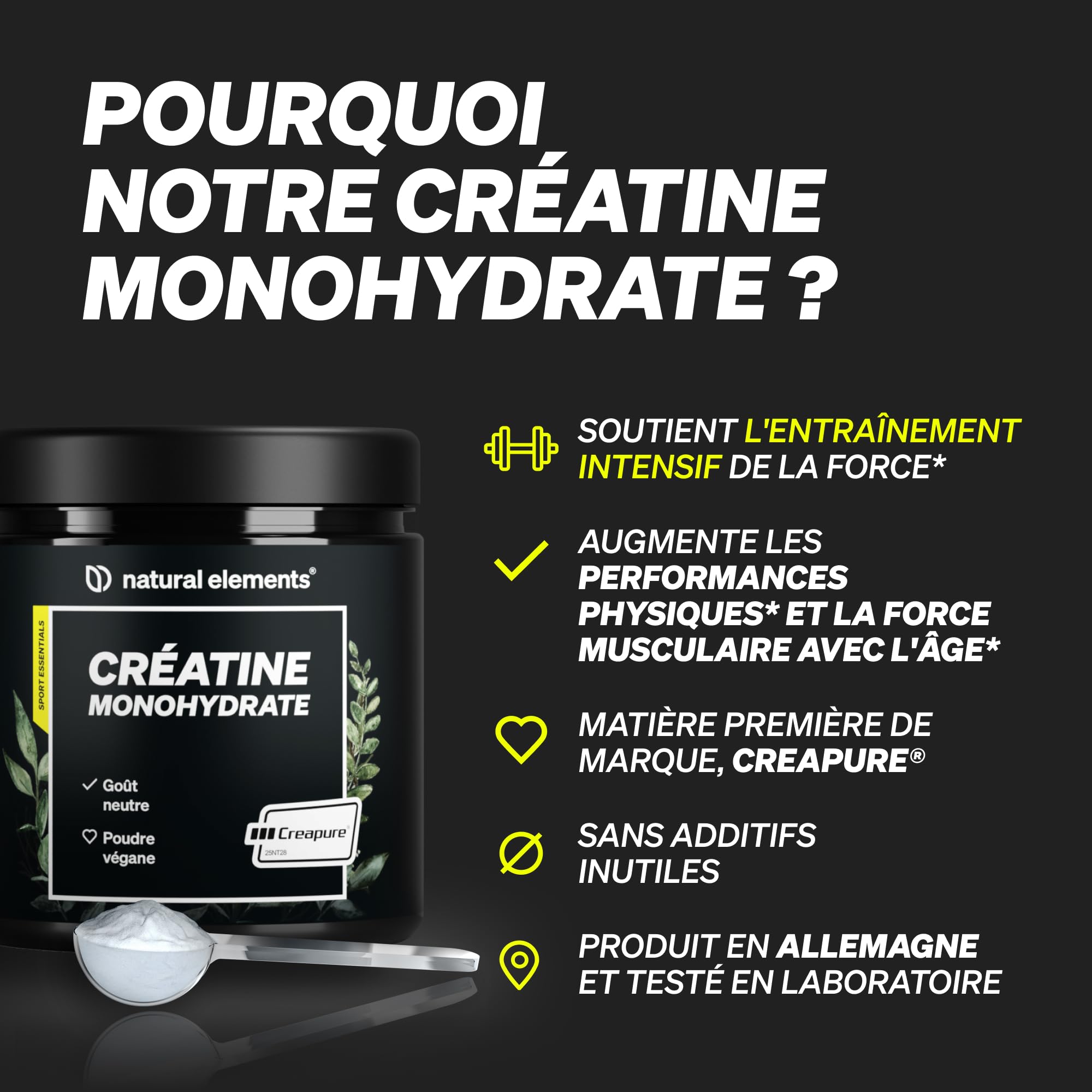 Créatine Monohydrate Creapure 500g, Poudre 100% Pure, Augmentation & Force Musculaire, 147 Portions, Ultra Fine Facteur De Maille 200, Goût Neutre, 100% Vegan, Sans Additifs Inutiles