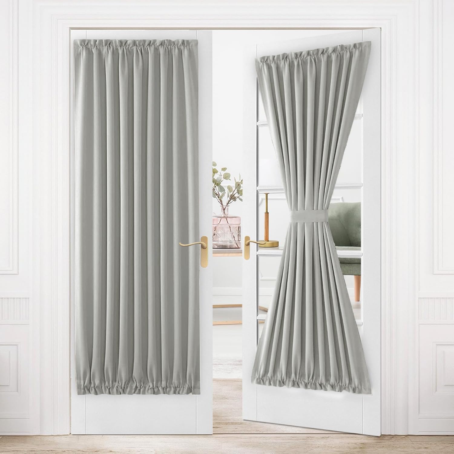 DWCN French Door Curtains – Rod Pocket Thermal Blackout Curtain for Doors with Glass Window, Kitchen and Patio Doors for Privacy, 54 X 72 Inches Long, 1 Curtain Panel with Tieback，Silver Grey — image 1