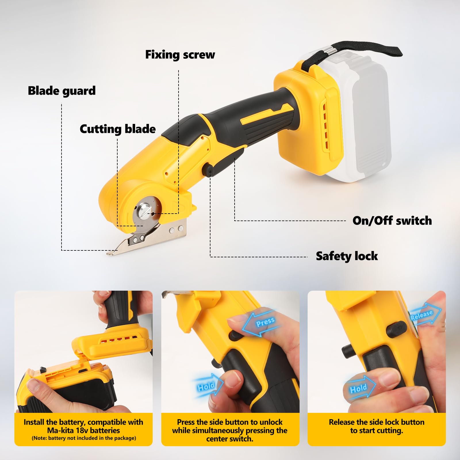 Elektrische Schere Karton Rollschneider Kompatibel mit Dewalt 18V/20V, Rollschneider mit 3 Ersatzklingen 6mm Schnitttiefe für Stoff, Karton, Leder, Teppich (Gelb für Dewalt)