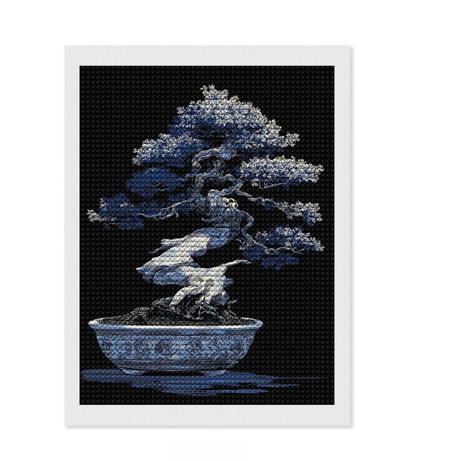 Junmoney Blue and White Bonsai Illustration Diamond Painting Canvas Kit 12"x16", Festive Home Decor, for Women, Farmhouse Decor, Decor Project, Cute Room Decor