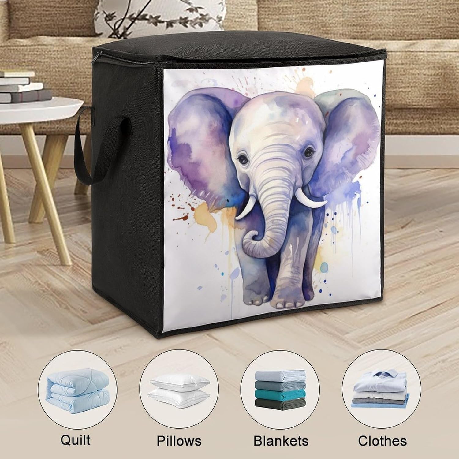 Quilt Storage Bag,Cute Elephant Watercolor Printed Large Foldable Storage Container Portable Travel Storage Bag for Blankets, Quilts, Clothes, Comforter, Bedding And Pillows
