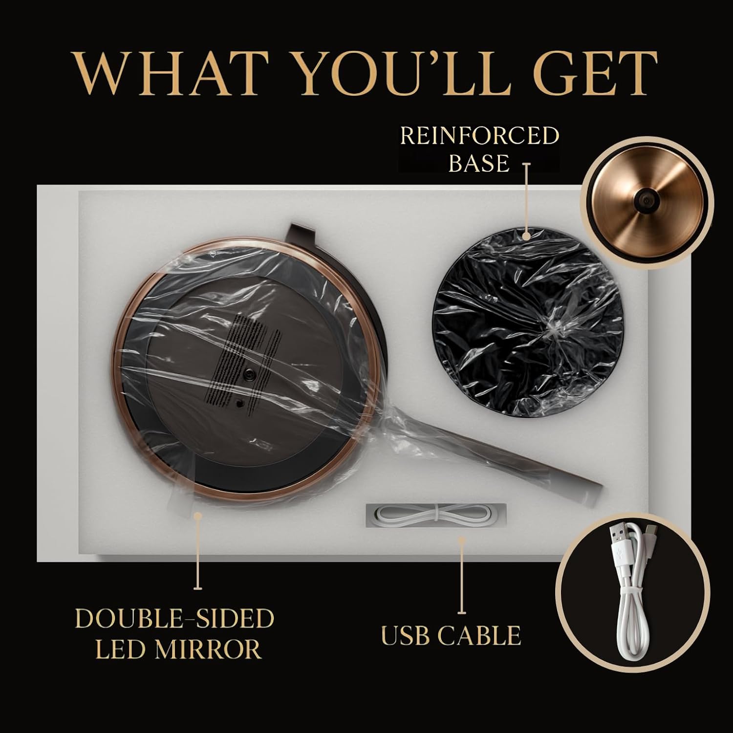 MIRRORVANA Lighted Make Up Mirror with 15X Magnification - 15X & 1X Double Sided LED Makeup Mirror with 3 Lighting Modes, Rechargeable Battery with USB Cable - 8" Wide & 15" Tall (Antique Bronze) - Image 8