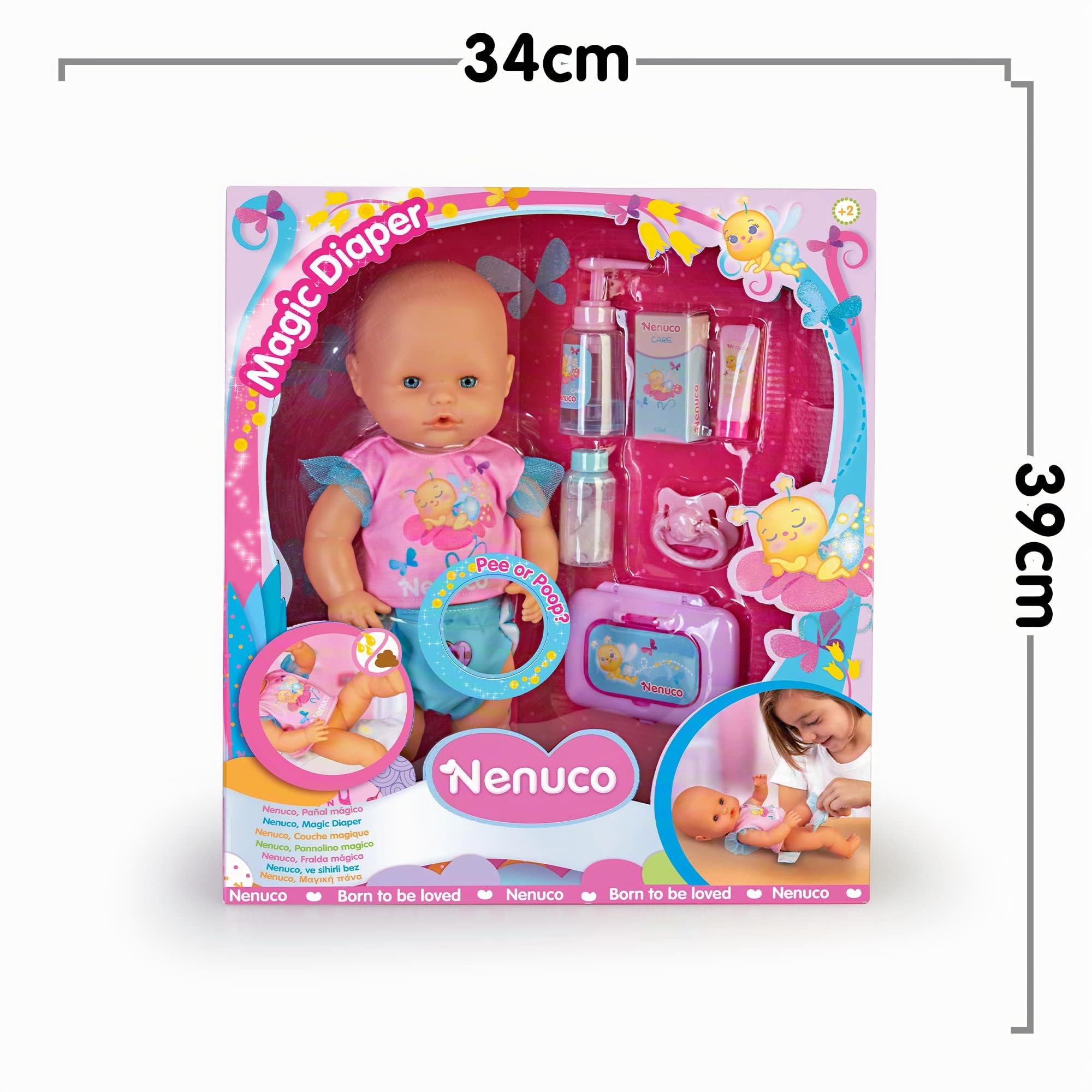 Nenuco - Pañal mágico, muñeco de Cuerpo Duro de 35 cm, Interactivo Que se Ilumina para los cuidados del bebé, con Accesorios como toallitas y Chupete, Juguete +2 años, Famosa (700017205)