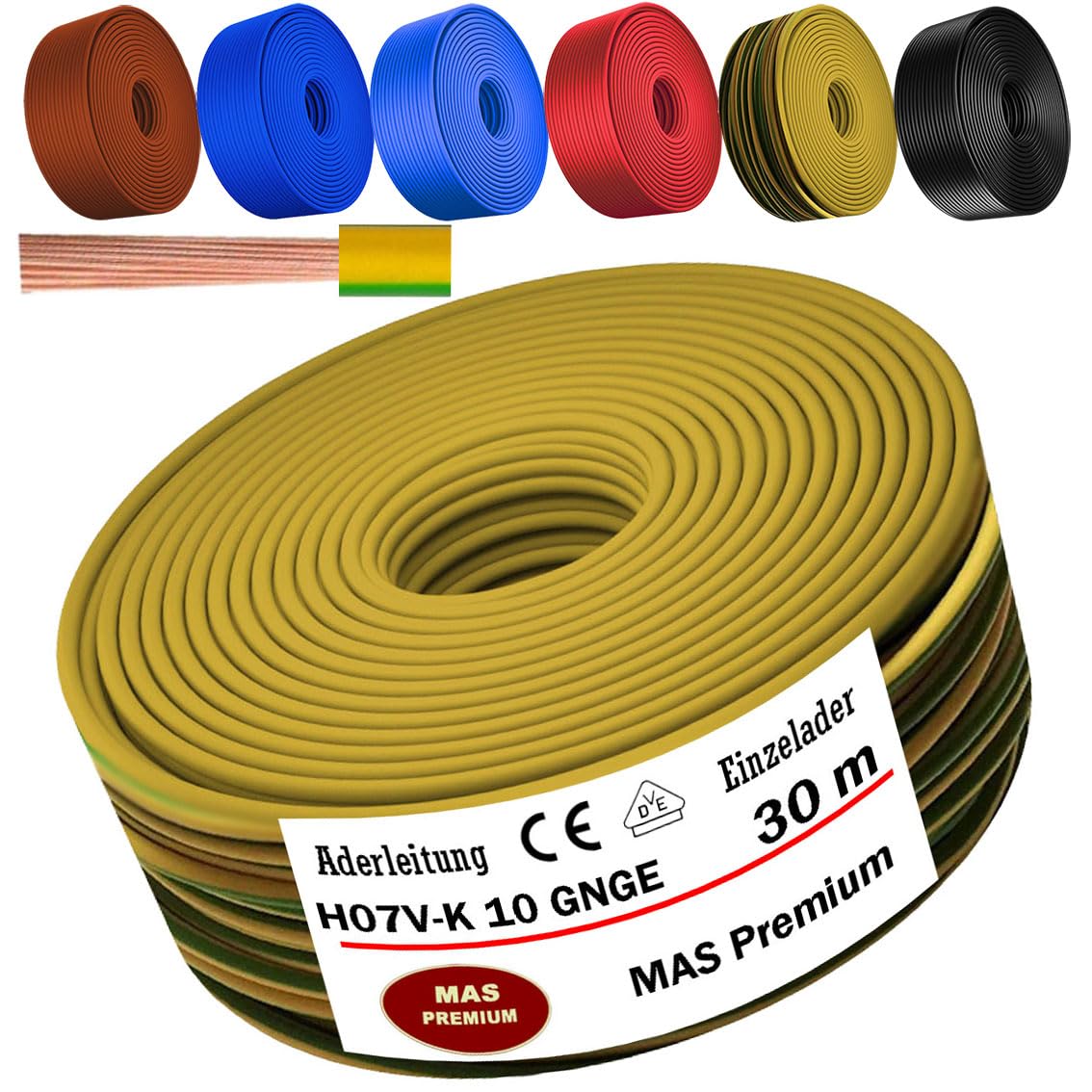 MAS Premium Przewód żyłowy od 5 do 100 m H07 V-K 10 mm², czarny, brązowy, ciemnoniebieski, zielono-żółty, jasnoniebieski lub czerwony, elastyczny (zielono-żółty, 30 m)