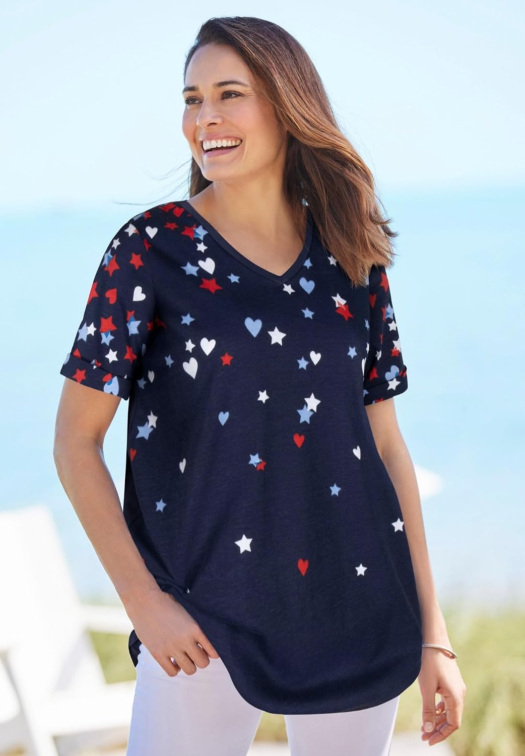 Woman Within Plus Size Cuffed Americana Print Tee