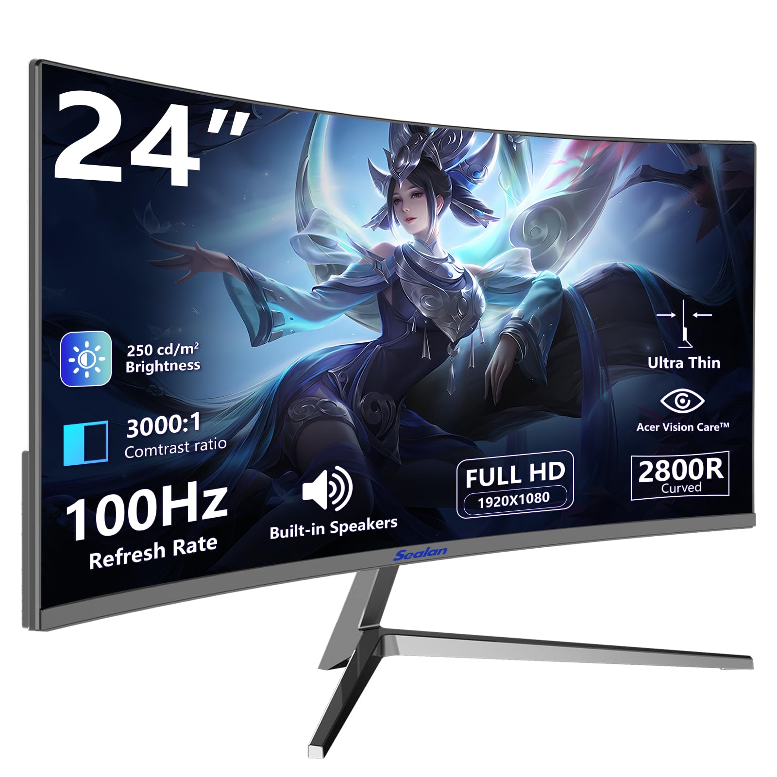 Amazon.com: Sealan 24 Inch Curved Monitor 16:9 Aspect Ratio 100HZ FHD ...