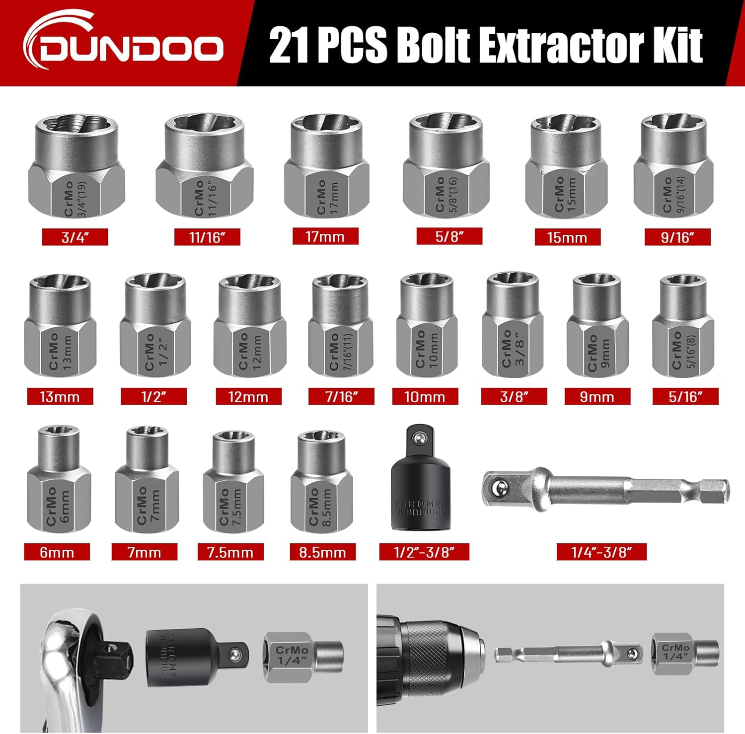 Bolt Extractor Set, 21PCS Easy Out Bolt Extractor Kit, 3/8" Drive Impact Stripped Bolt Remover Extractor Socket Set Tool for Rusted, Rounded, Damaged Nuts