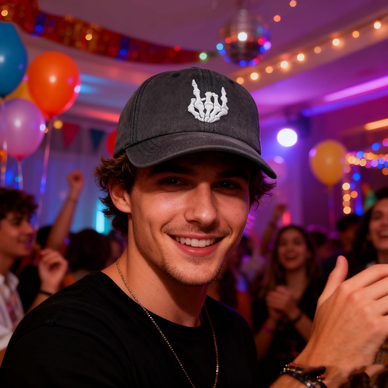 Rocking Skeleton Fingers Hand Hat, Embroidered Skull Adjustable Washed Denim Baseball Cap - Image 5