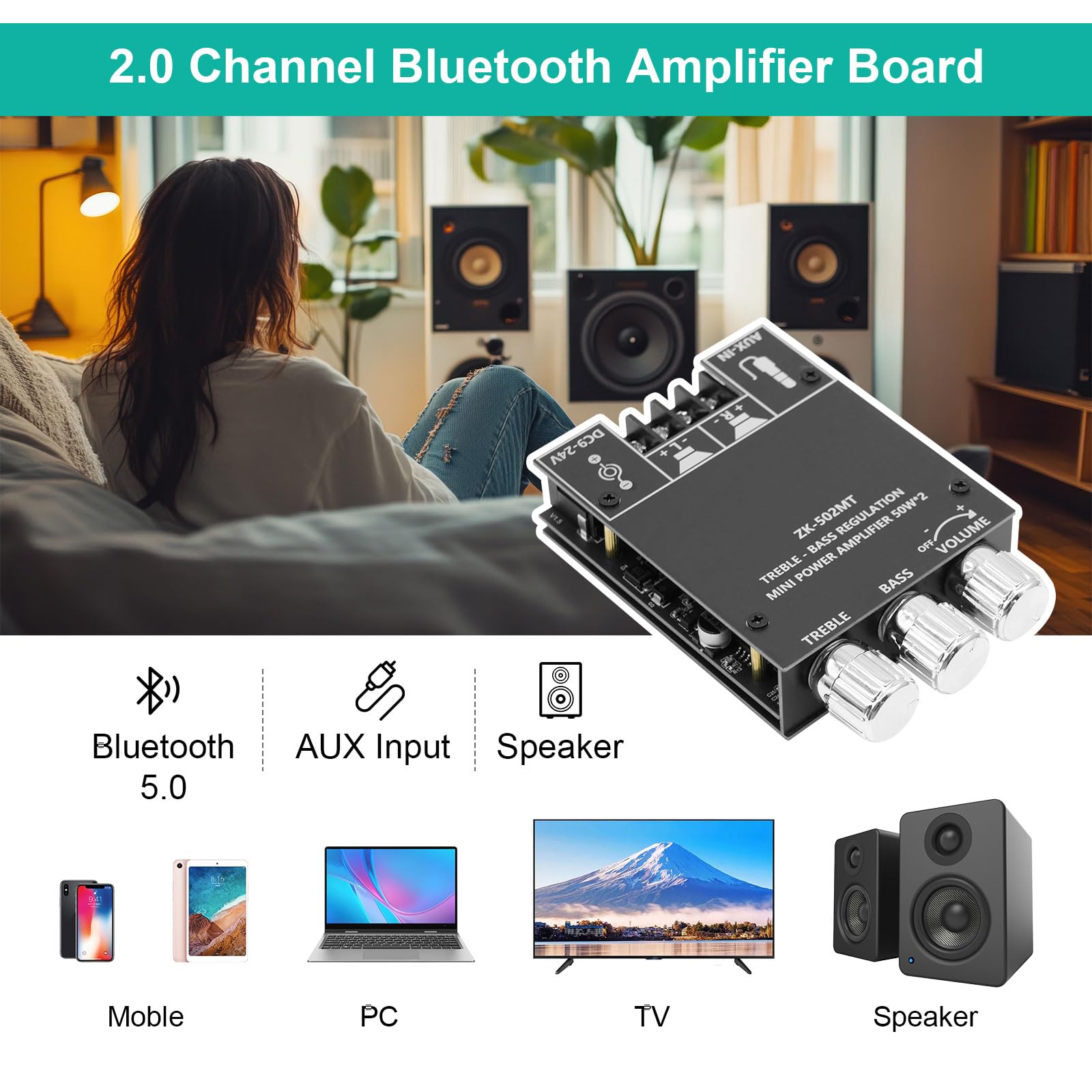 ZK-502MT Bluetooth Verstärker Hifi Stereo, 50W+50W 2.0 Kanal Audioverstärker mit BT und AUX, DC 9-24V, mit Höhen- und Bassregelung,Verstärker mit Bluetooth für Lautsprecher DIY Heimlautsprecher