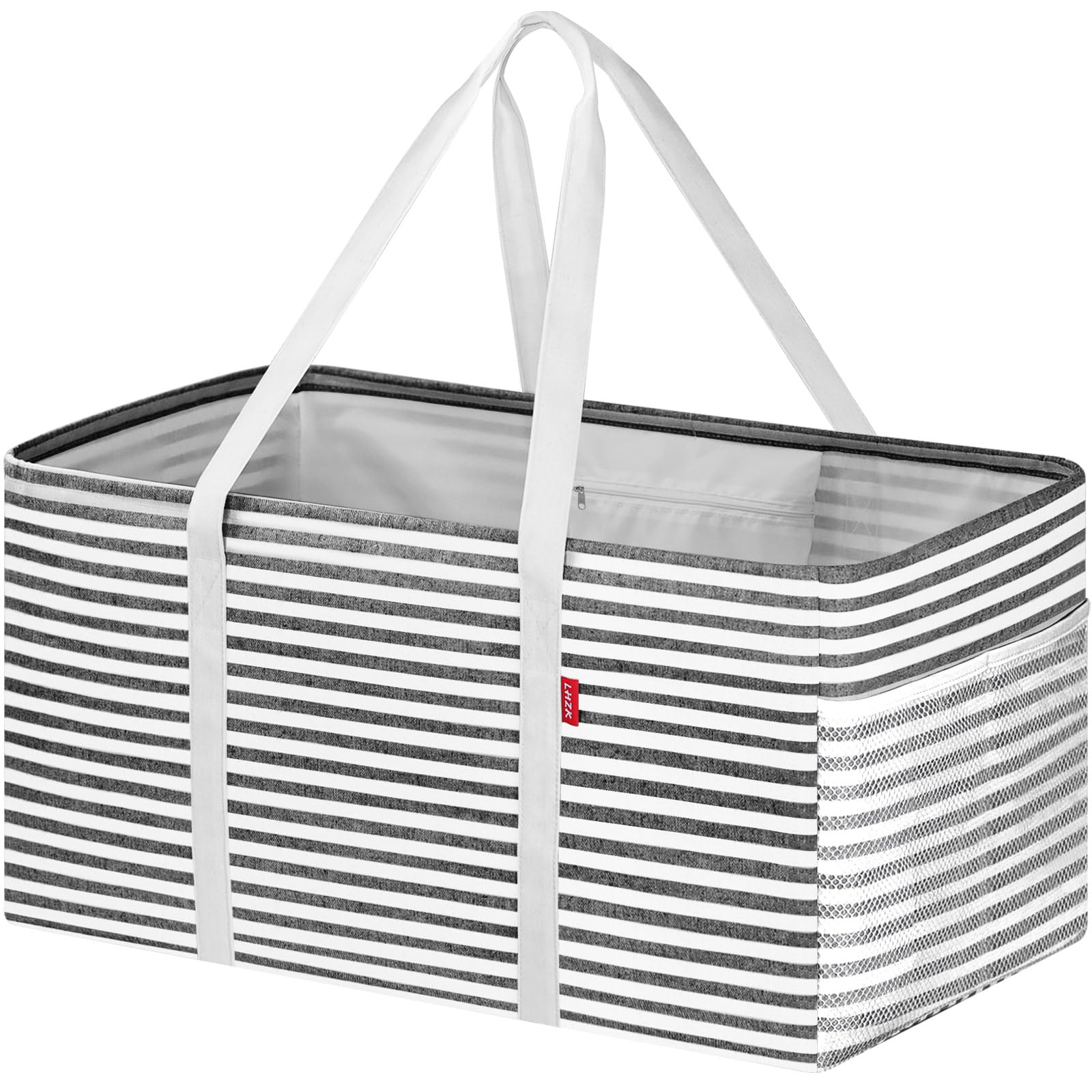 LHZK Standing Extra Large Utility Tote Bag with Metal Wire Frame and the Sides Rinforced, Extra Large Tote Bag with Handle, Reusable Grocery Bags Foldable, Beach Bag, Car Tote, Black, 26''x15''x13''