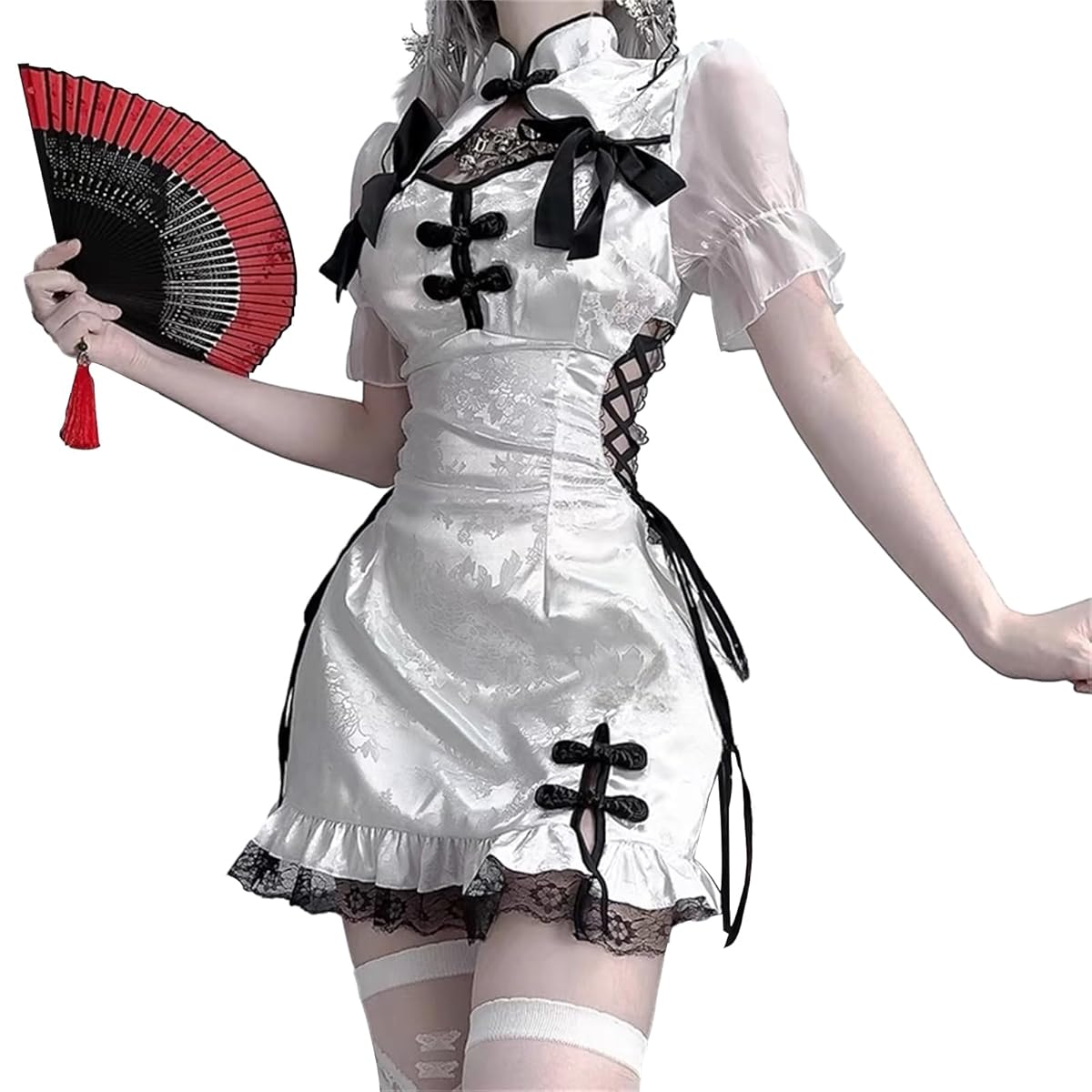 セクシー チャイナ チャイナドレス メイド チャイナ 服 コスプレ ゴスロリ 可愛い フリル リボン ロリータ ワンピース 萌え ボンデージ ボディコン ミニ コスチューム 中華 チャイナ風 ランジェリー 衣装 仮装 ハロウィン レディース (ホワイト)