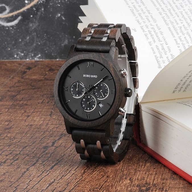 BOBO BIRD Mens Wooden Watches Luxury Wood Metal Strap Chronograph & Date Display Quartz Watch Versatile Male Timepieces