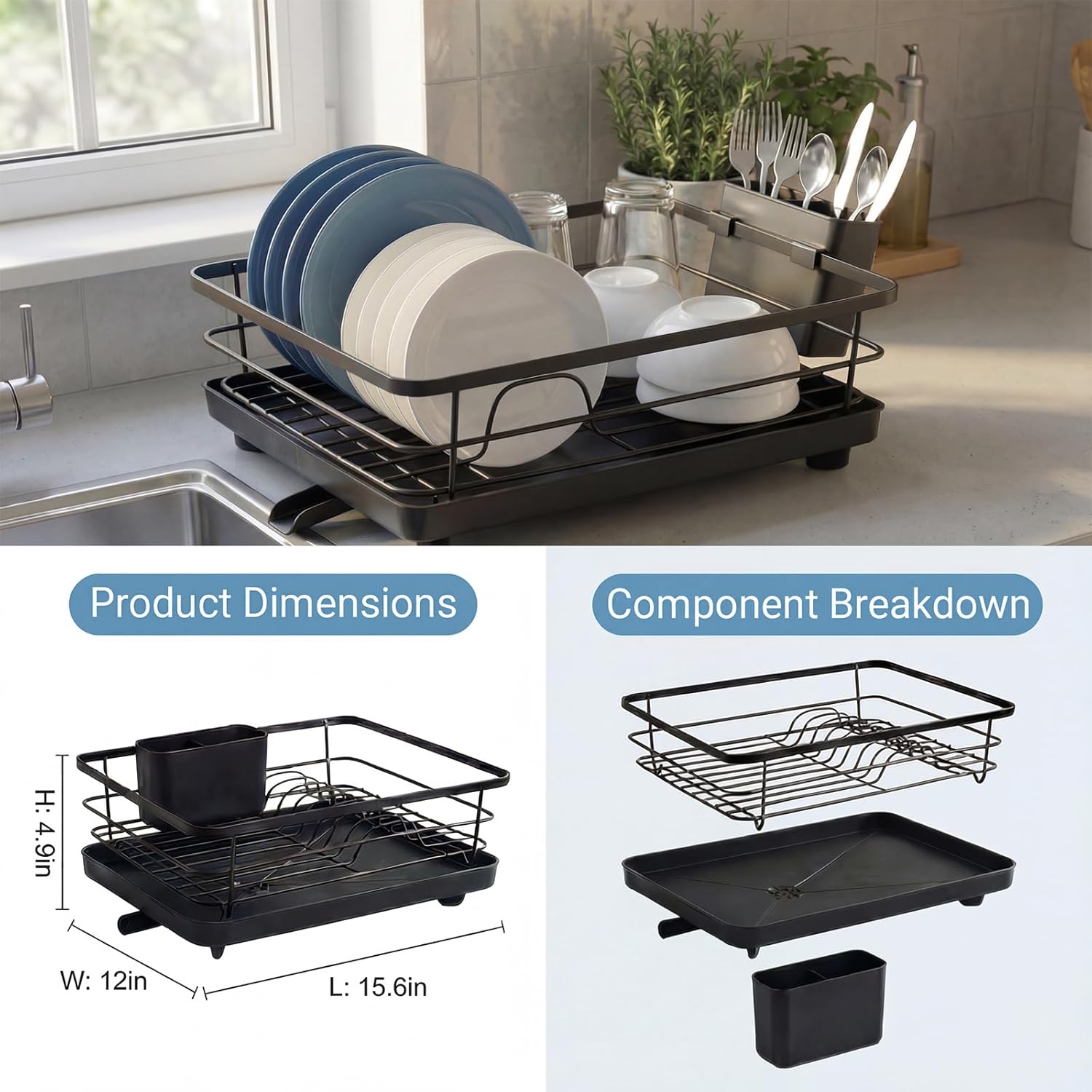 2 Piece Dish Racks for Kitchen Counter (16.5" x 12") — Not Prone to Rusting Dish Drainer with Removable Drainboard & Utensil Holder, Space Saving, Black