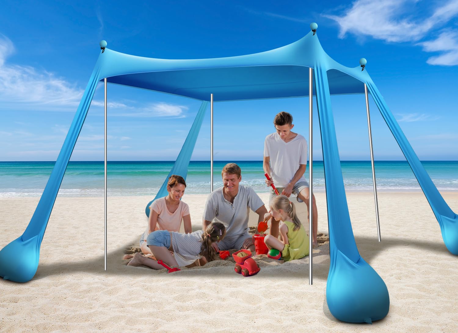 Beach Tent Canopy UPF50+ Protection, 10x10FT Beach Shade Sun Shelter Pop Up with 4 Stability Poles, Sandbags, Sand Shovels, Ground Pegs, Carrying Bag for Outdoor Family Camping Fishing Picnics