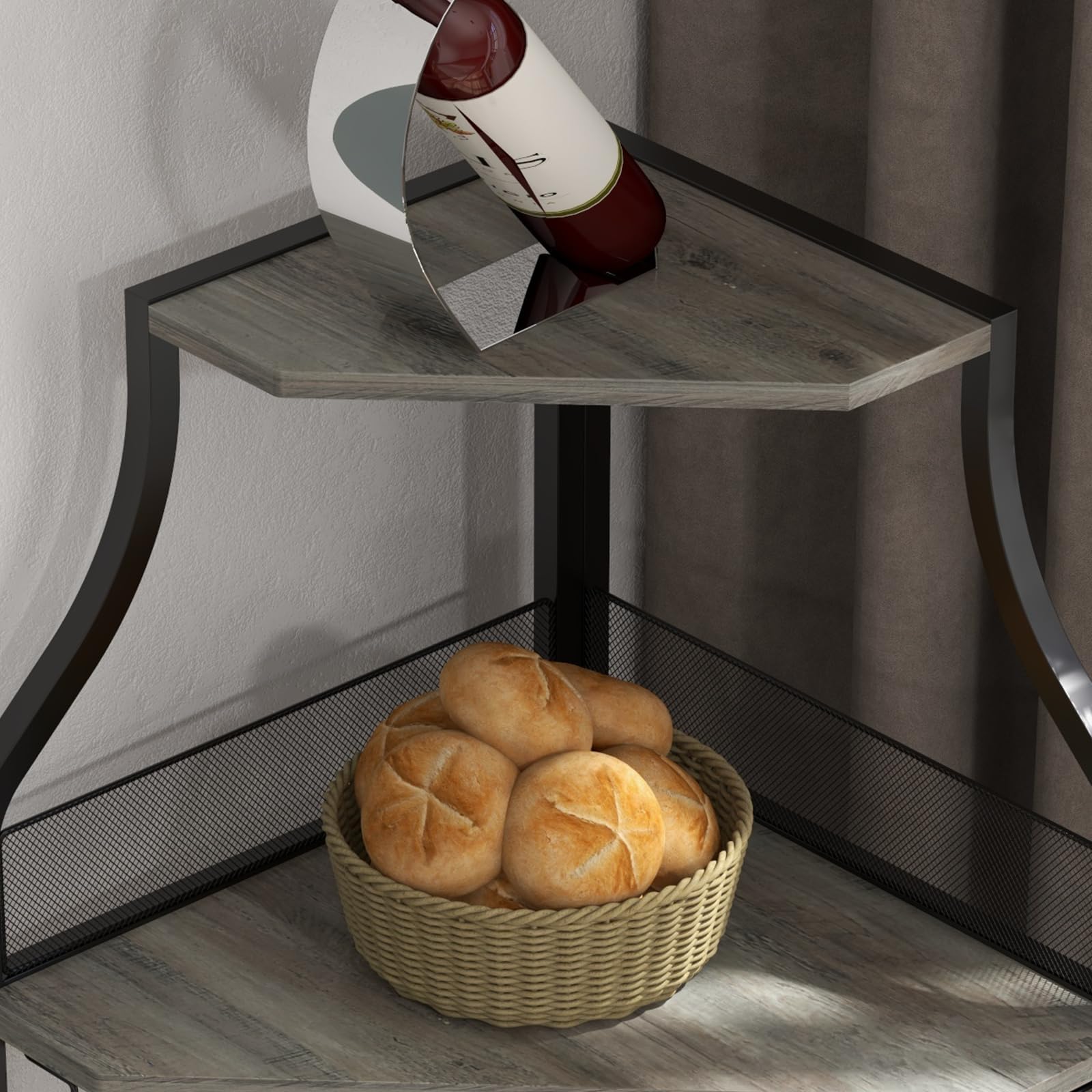 Armoir à Vin Angle avec Etagère Réglable, Meuble Bar à Vin avec Porte-Verres et Portes en Maille, Buffet Cuisine Angle et Dispositif Anti-Basculement, Industriel, 45 x 45 x 152.5 CM
