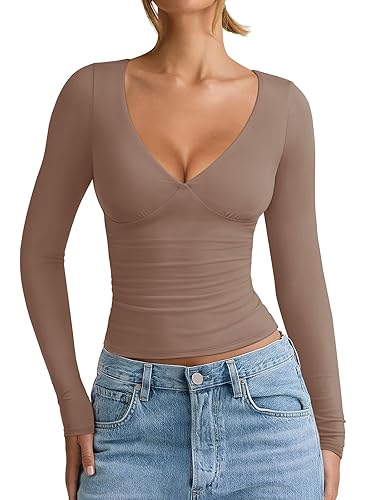 REORIA Womens V Neck Long Sleeve Shirts Casual Slim Fitted Tops Double Lined 2025 Fall Fashion Clothes - Large - Mocha