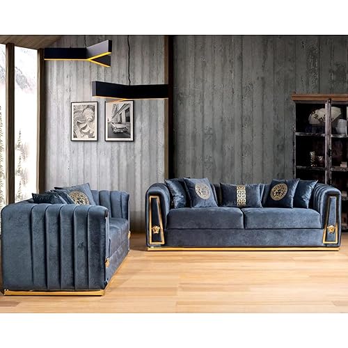 Velvet 2-Piece Living Room Couch Set Modern Luxury Firm Sofa Loveseat Set for Living Room Fully Assembled Faux Leather Gold Base Pillows Included (Anthracite), (ROYAL)