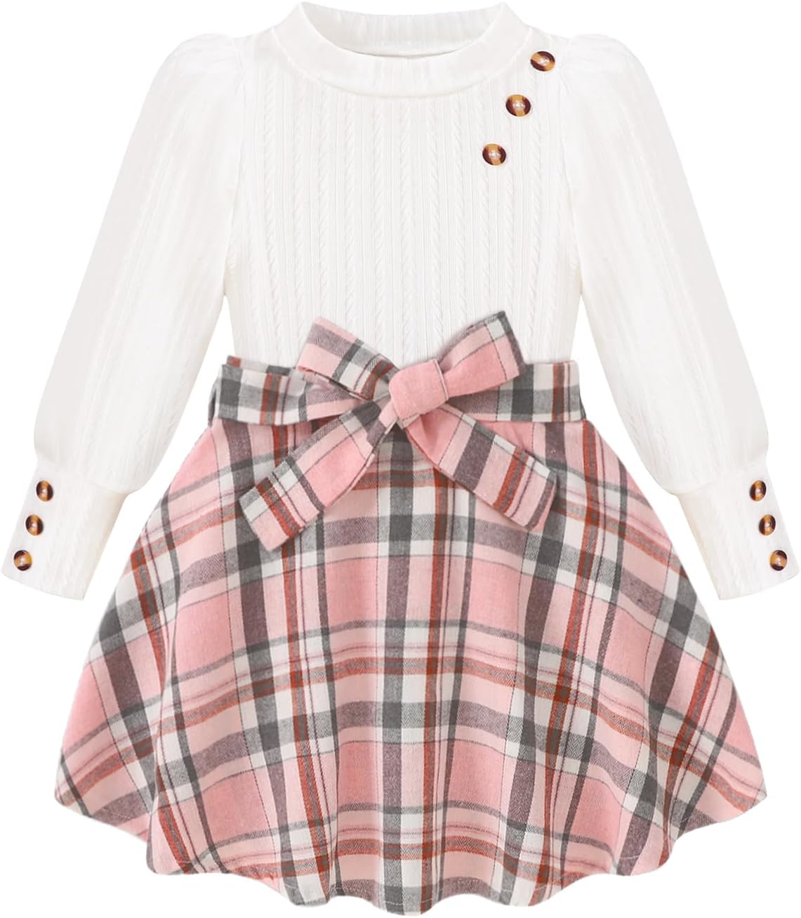 AMAWMW Girls Skirt Sets Fall Outfits Puff Sleeve Crewneck Ribbed Knit Tops and Plaid Skirt Set Kids Fall Winter Clothes