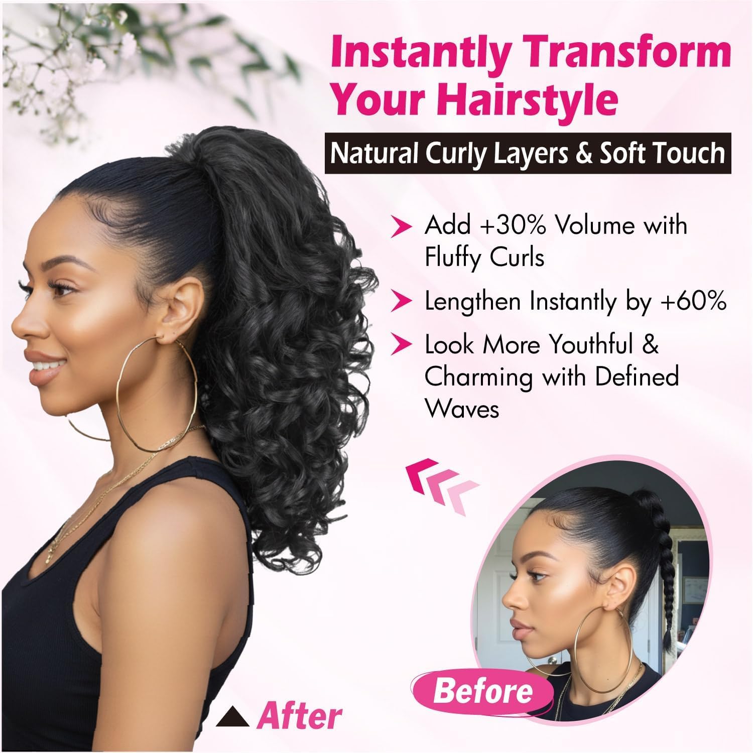 Curly Drawstring Ponytail Extension for Black Women, Premium 20 Inch Synthetic Yaki Hairpiece with Spiral Curls Natural Looking Voluminous Ponytail(1B Black)