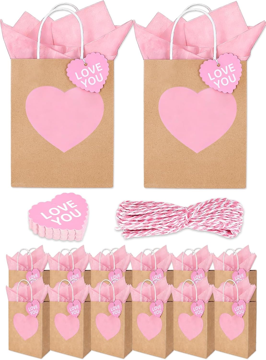JarThenaAMCS 24 Pcs Valentine's Day Kraft Paper Gift Bags Pink Heart Party Favor Bags with Handles Tags and Tissue Paper for Wedding Anniversary Goodie Wrapping